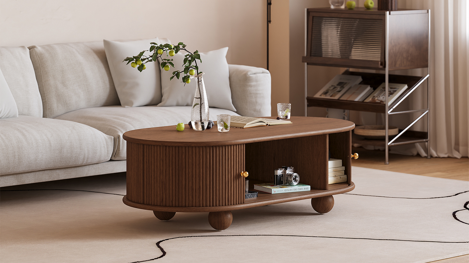 Solid Ash Wood Oval Coffee Table, Walnut Modern Table with Storage for ...