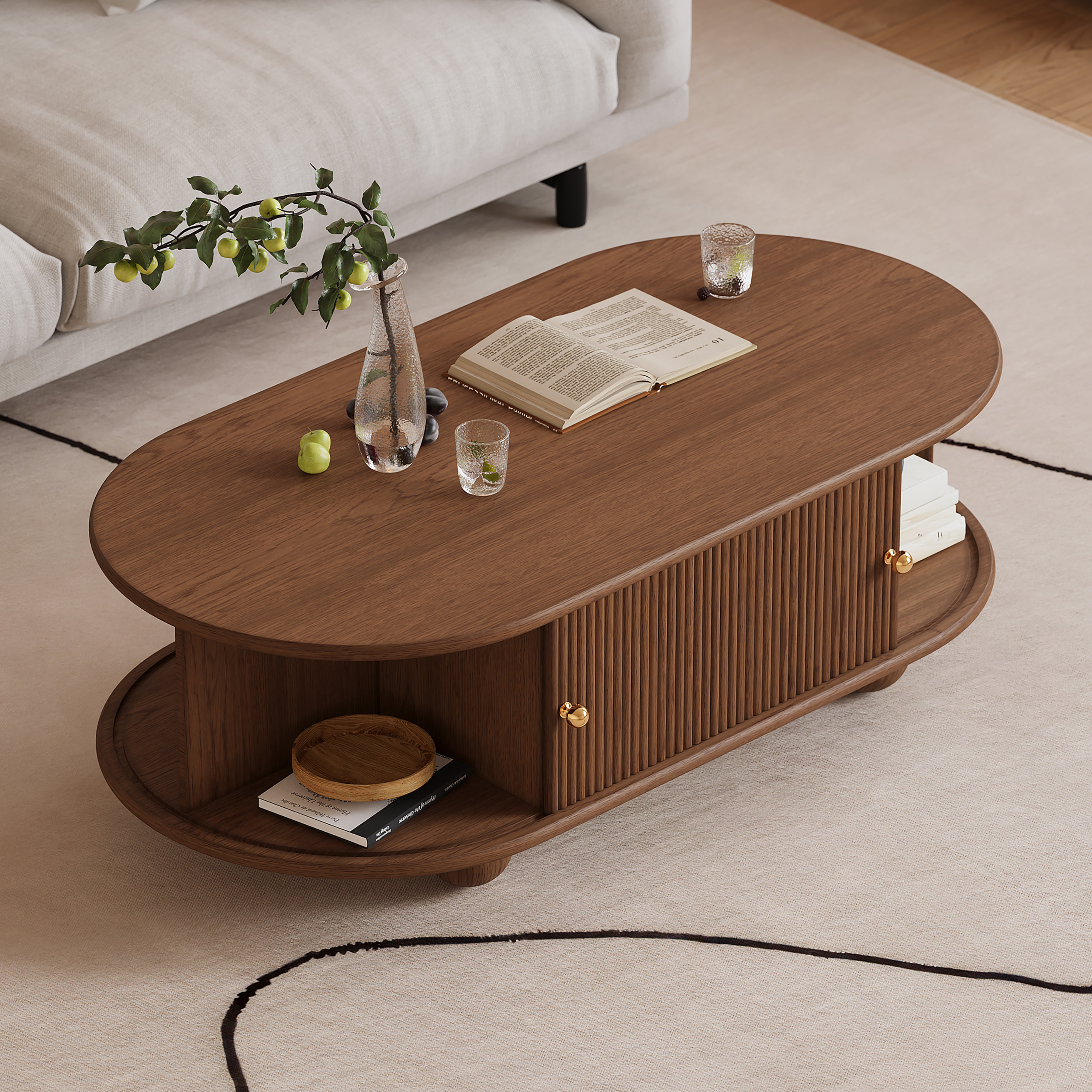47" Tambour Door Solid Wood Coffee Table with Storage Oval Walnut Living Room Table