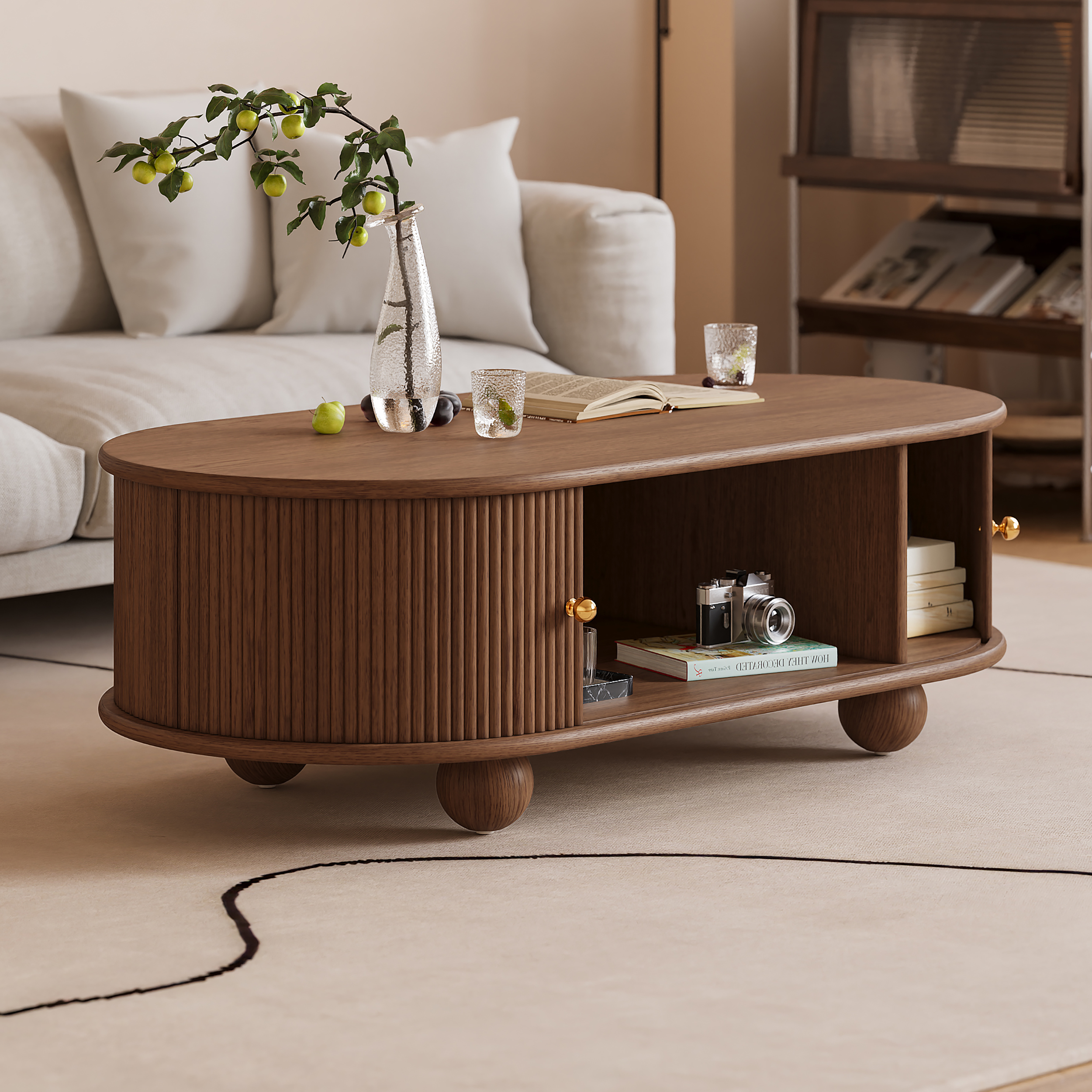 47" Tambour Door Solid Wood Coffee Table with Storage Oval Walnut Living Room Table