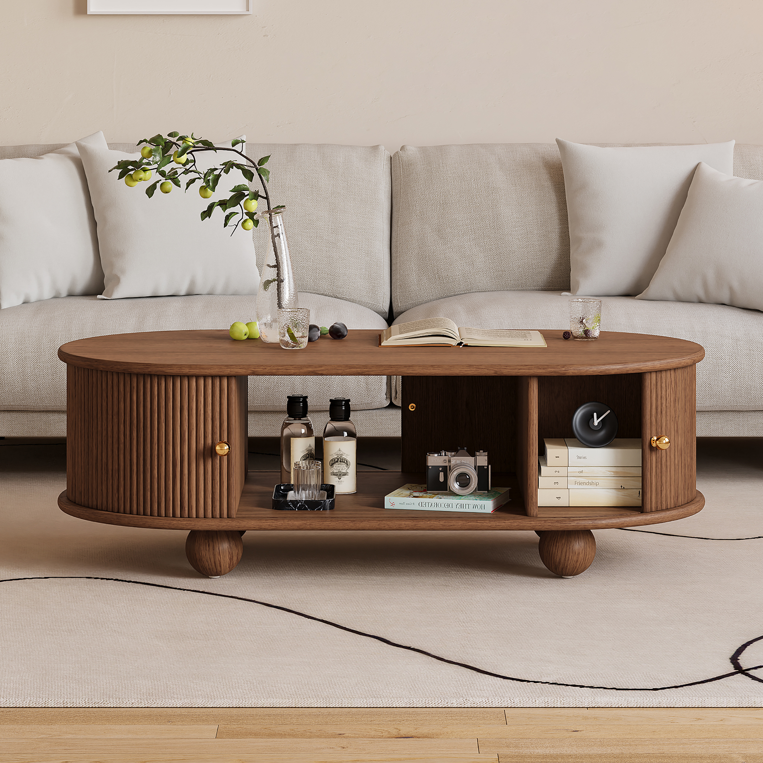 47" Tambour Door Solid Wood Coffee Table with Storage Oval Walnut Living Room Table