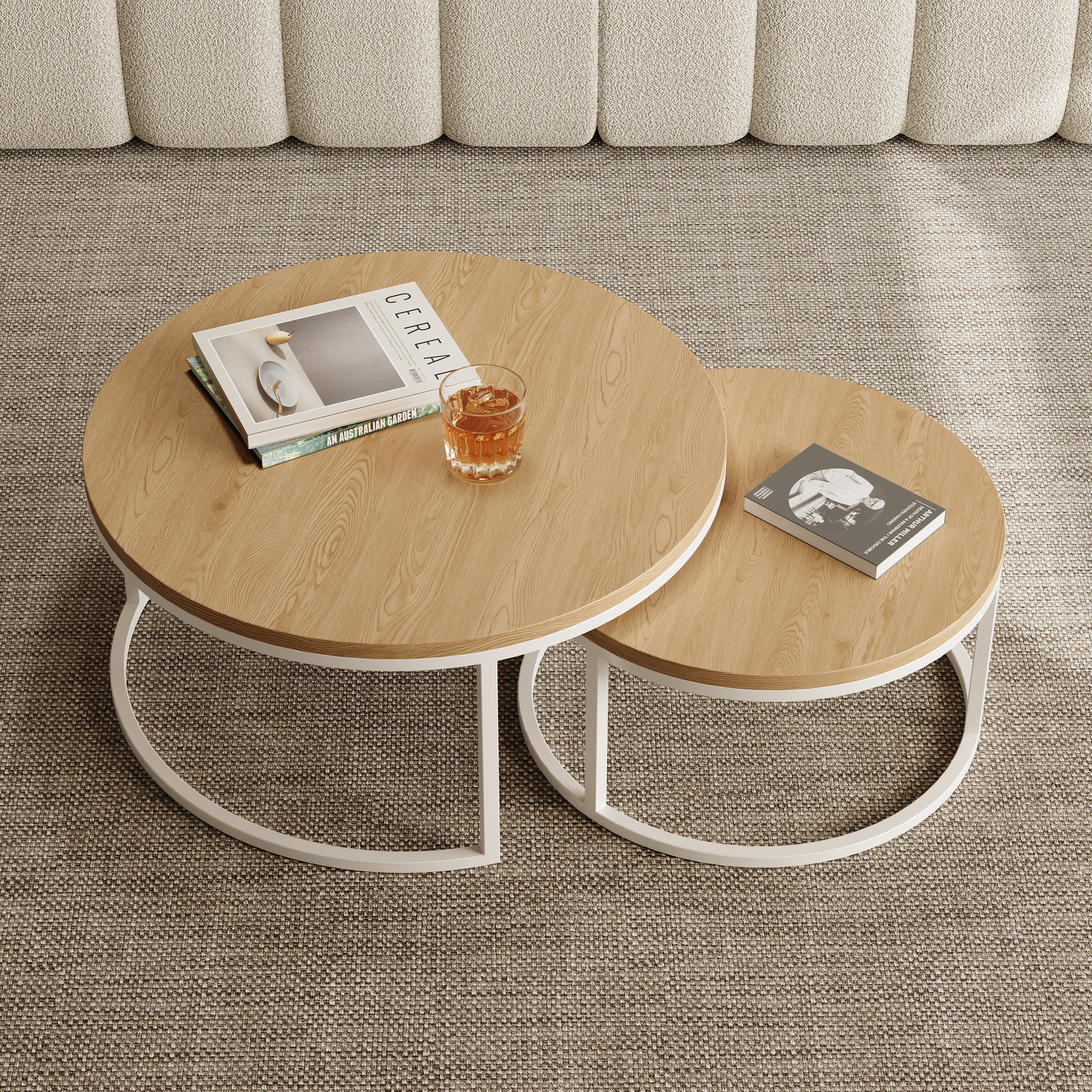 Fero Round Nesting Coffee Table Set of 2, Light Oak Top & White Metal Frame