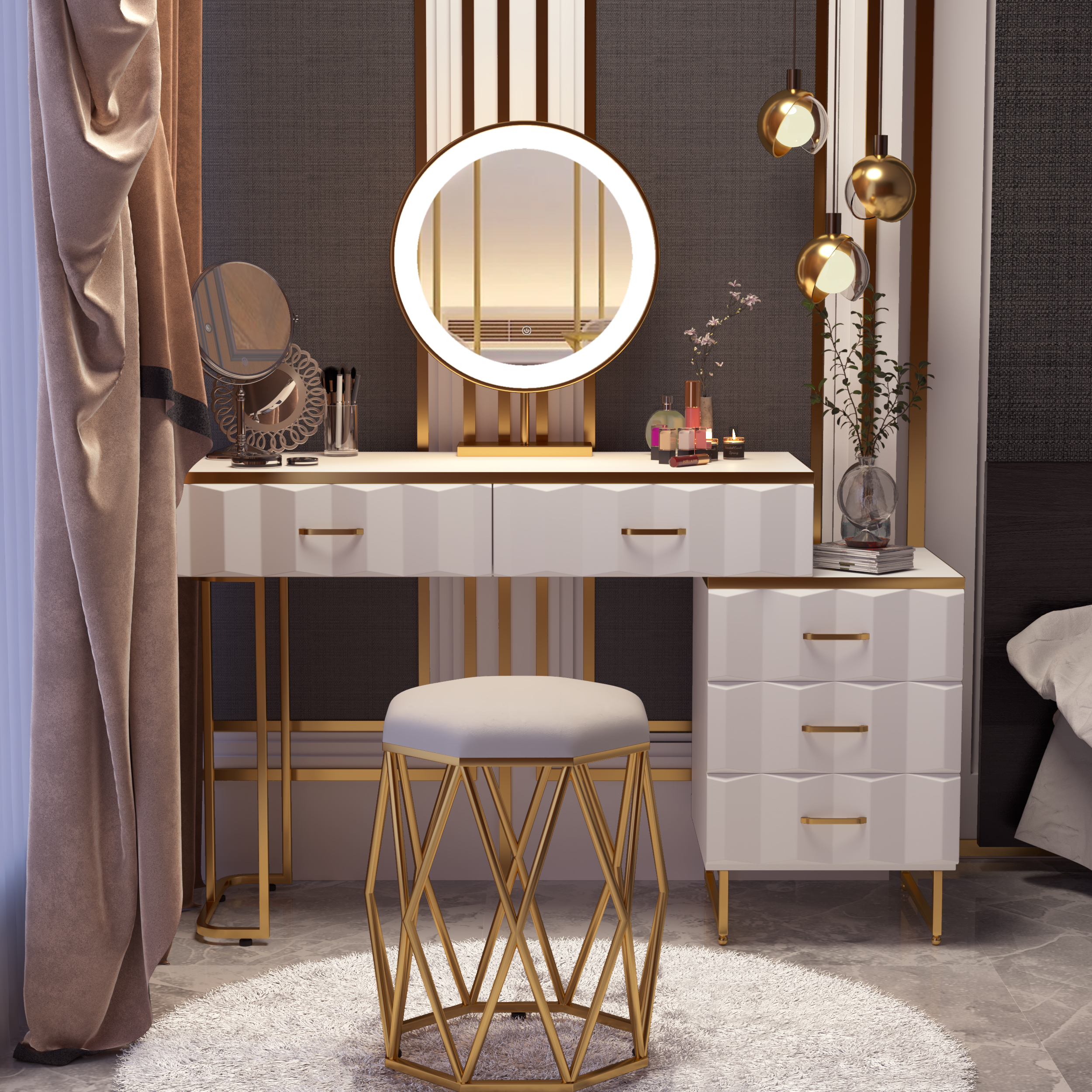 Modern White Extendable Makeup Vanity 5 Drawers Dressing Table Set with Stool and Mirror