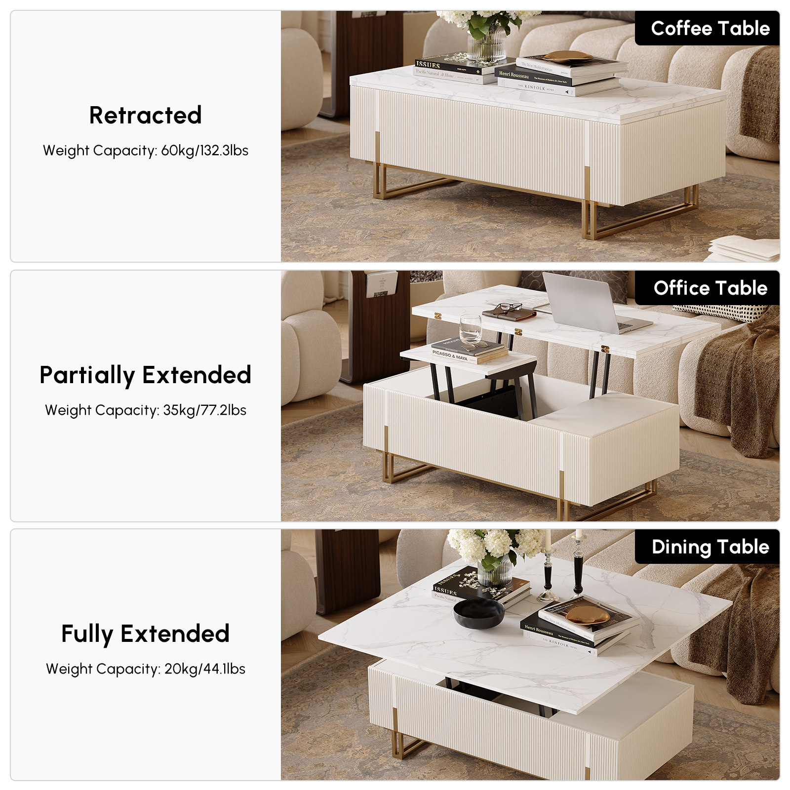 Tavolino da caffè moderno rettangolare con 2 cassetti, 100×50×30 cm, Bianco+grigio | Italy