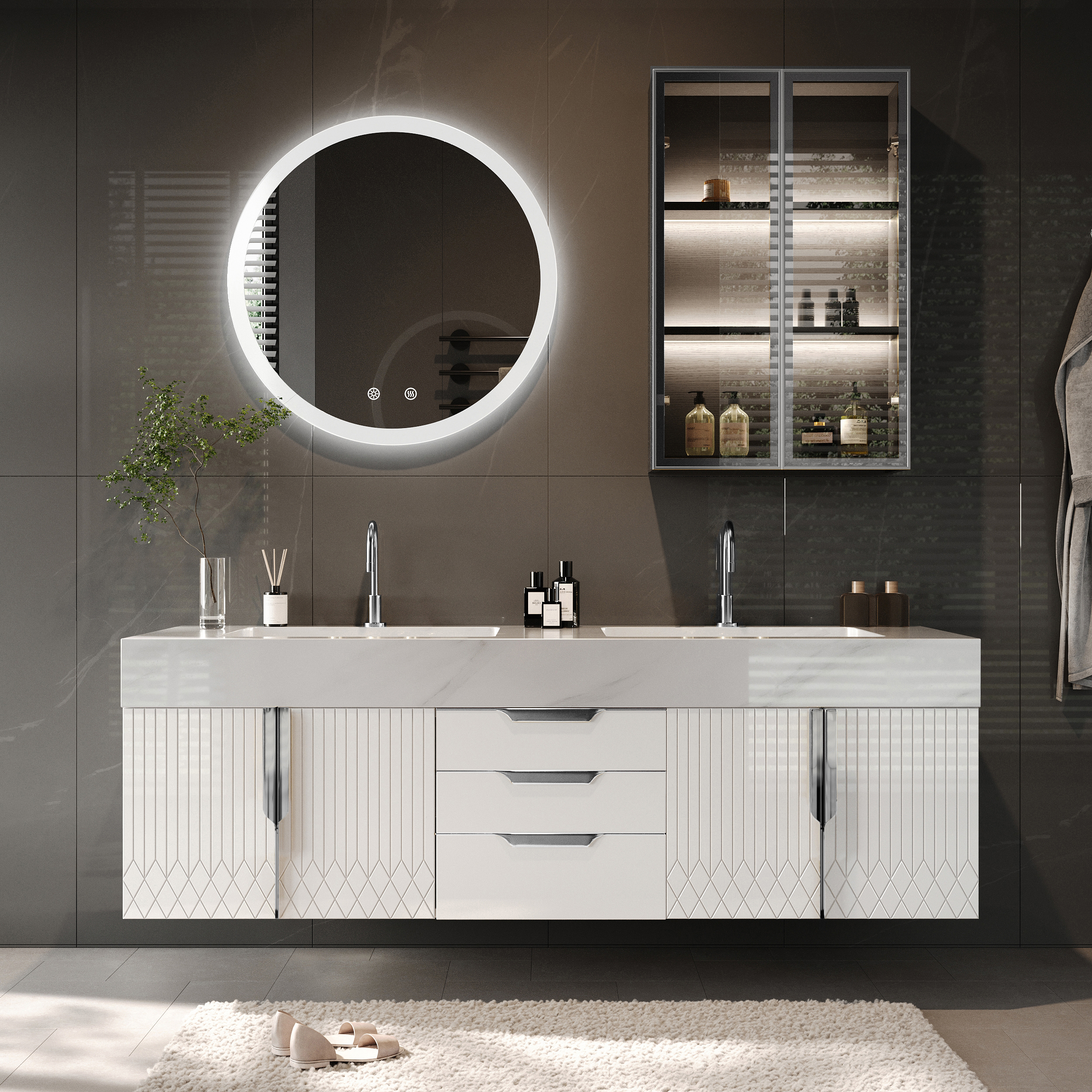 Tocador de baño montado en la pared de 59 pulgadas con encimera de mármol sintético con doble lavabo blanco