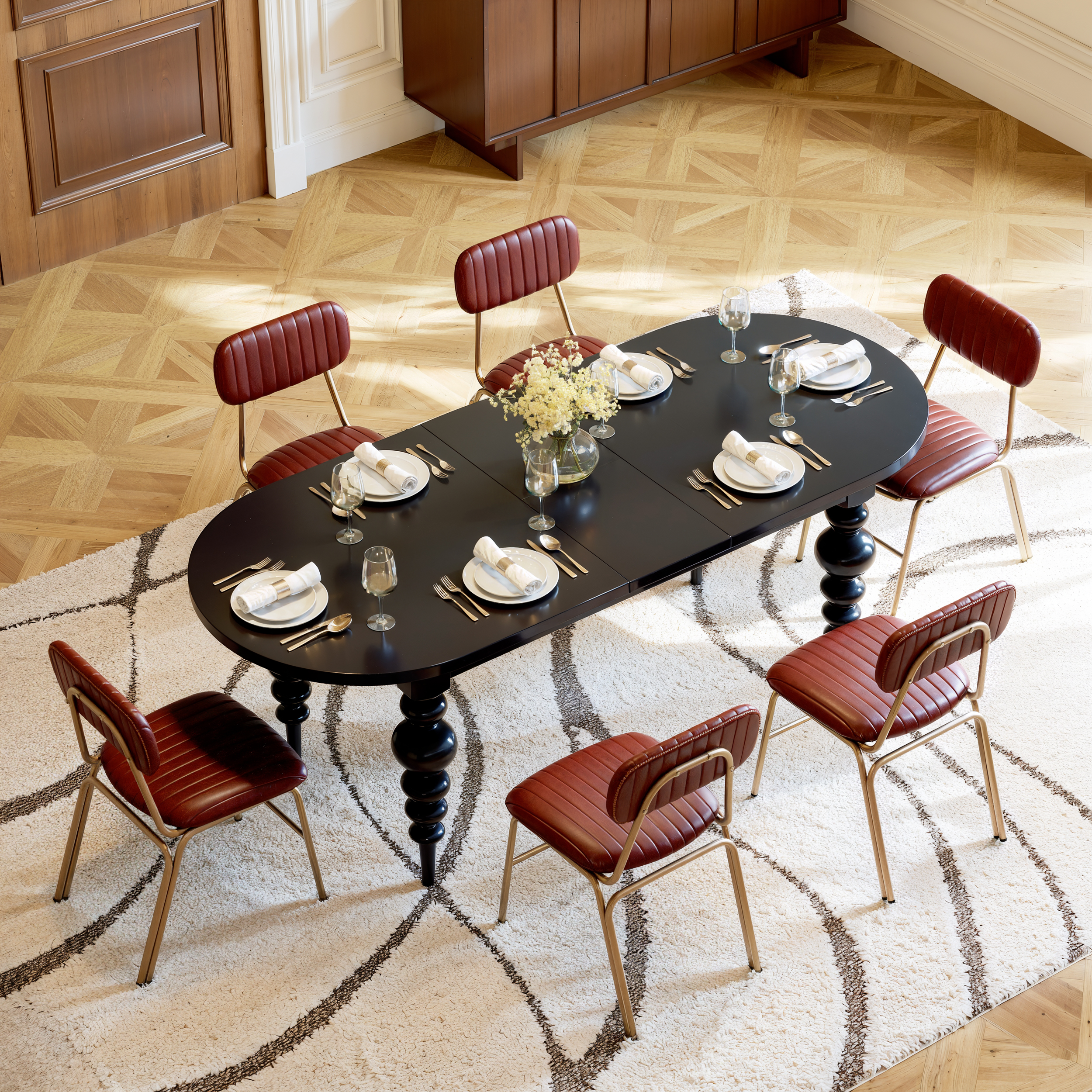 79"-94" Oval Dining Table Extendable for 10 Person with Turned Legs Mid-Century Modern Black Table