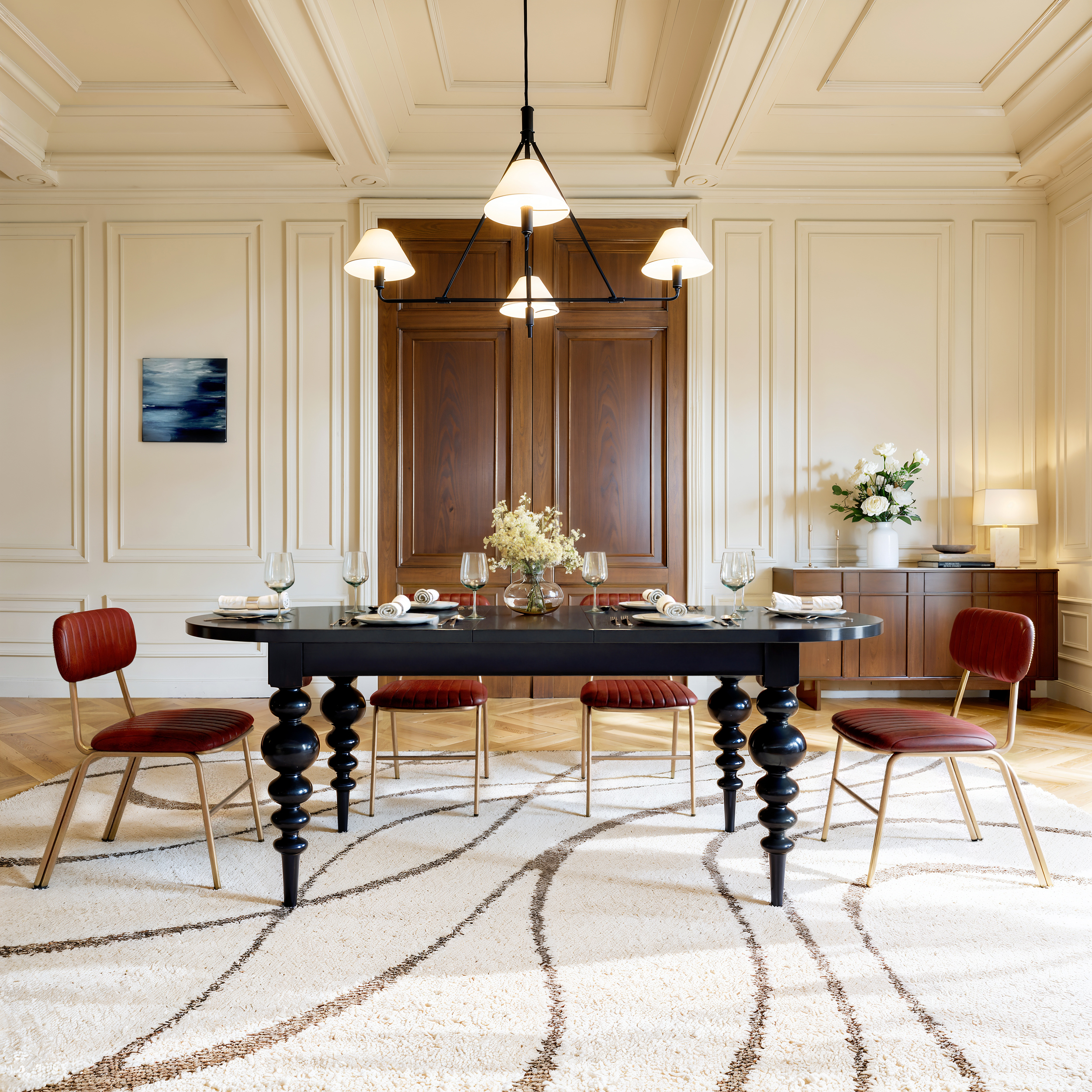 67"-79" Mid-Century Dining Table Oval Extendable Black Table for 4-8 Person with Turned Legs