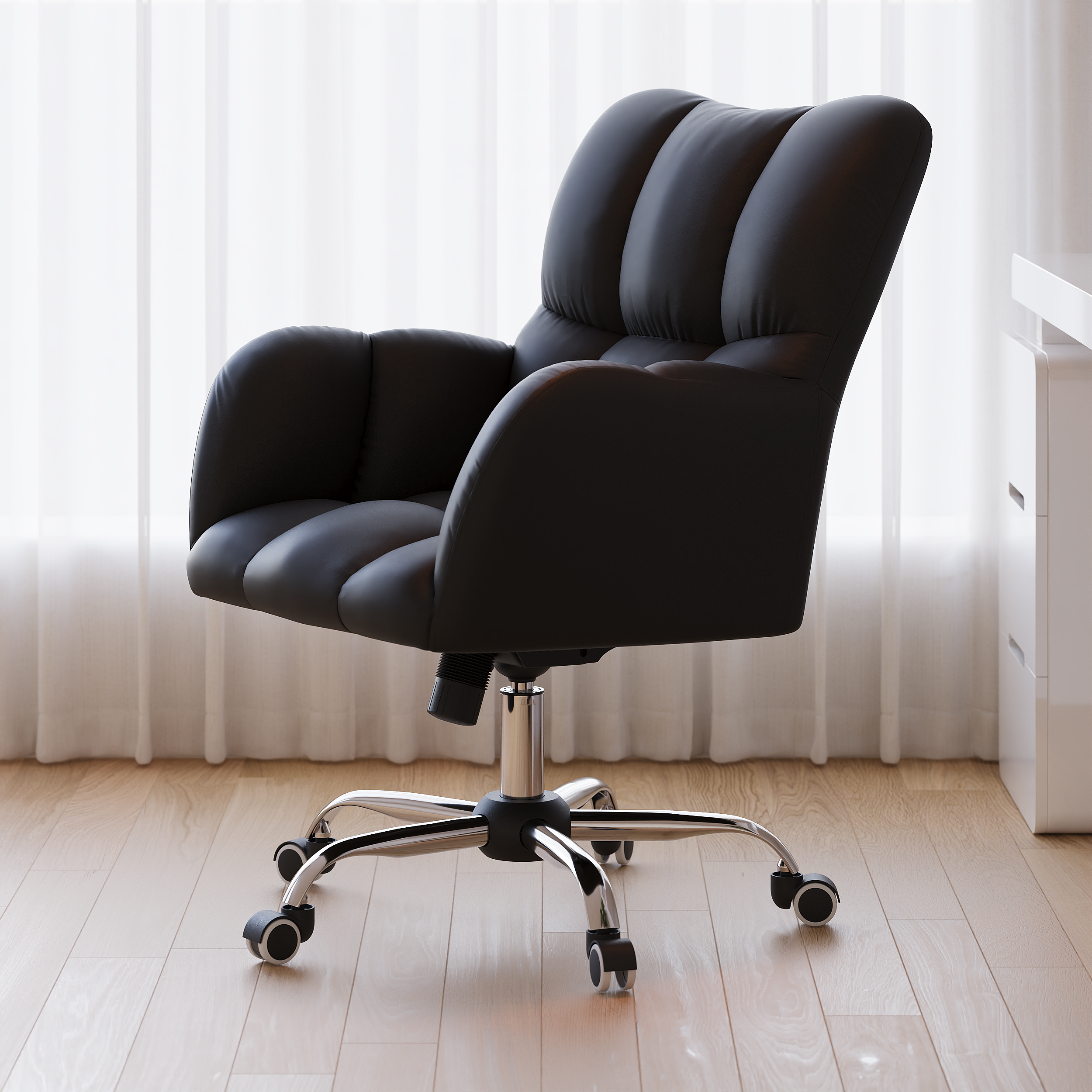 Height Adjustable Office Chair Faux Leather Swivel Office Chair in Black