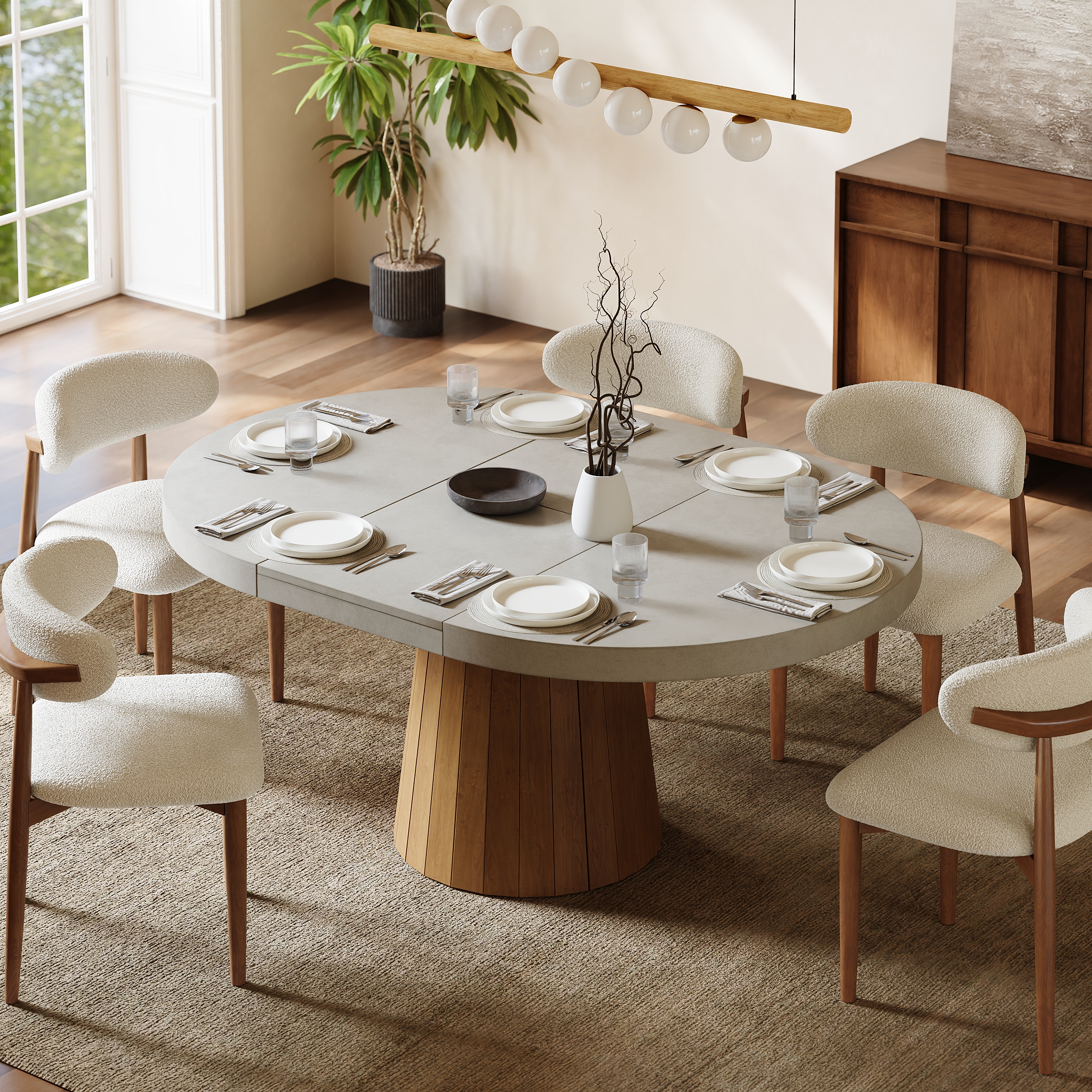 Japandi 39"-55" Extendable Dining Table for 6 Gray Oval & Round Table Pedestal