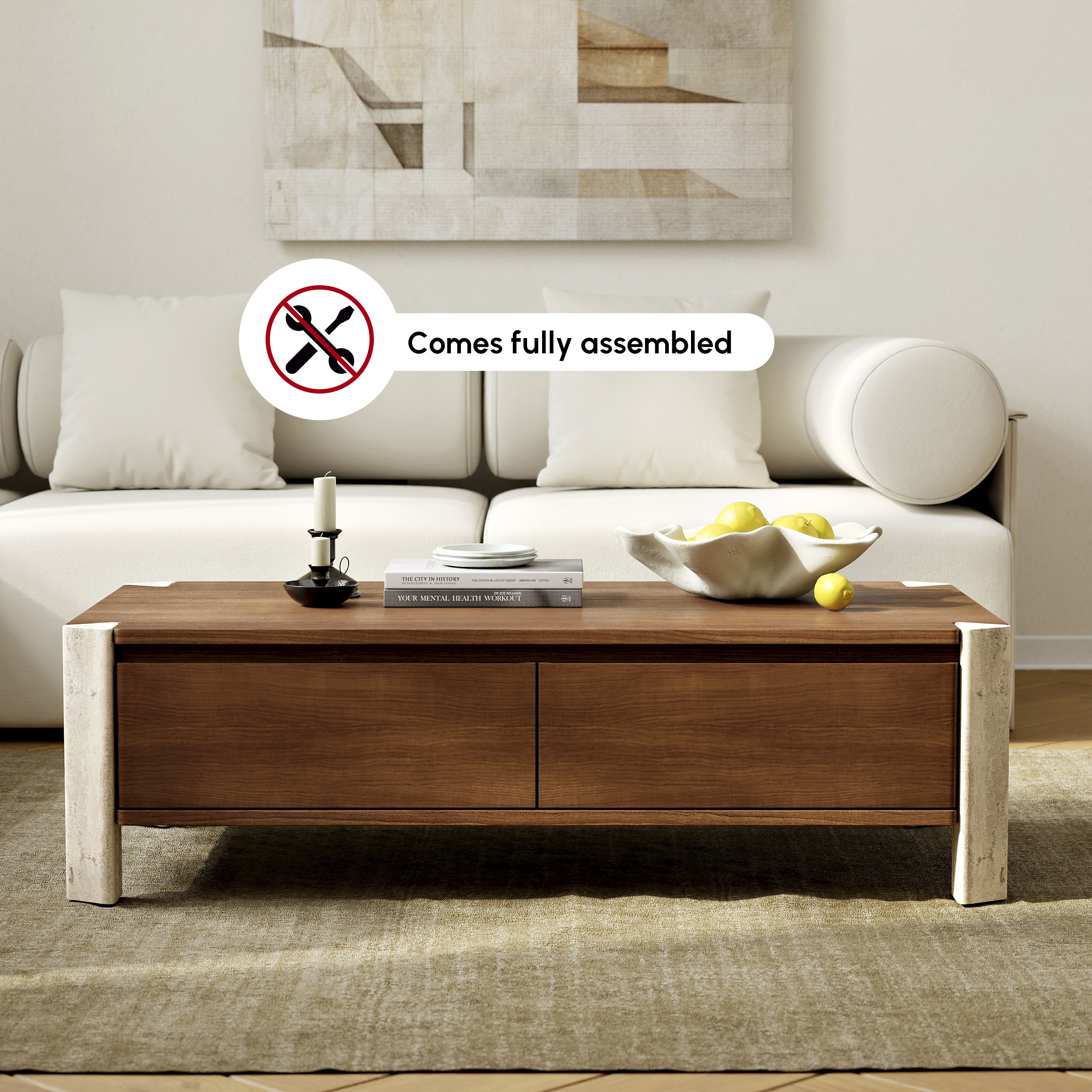 Joren 47" Acacia 2 Drawers Storage Coffee Table with Concrete Legs