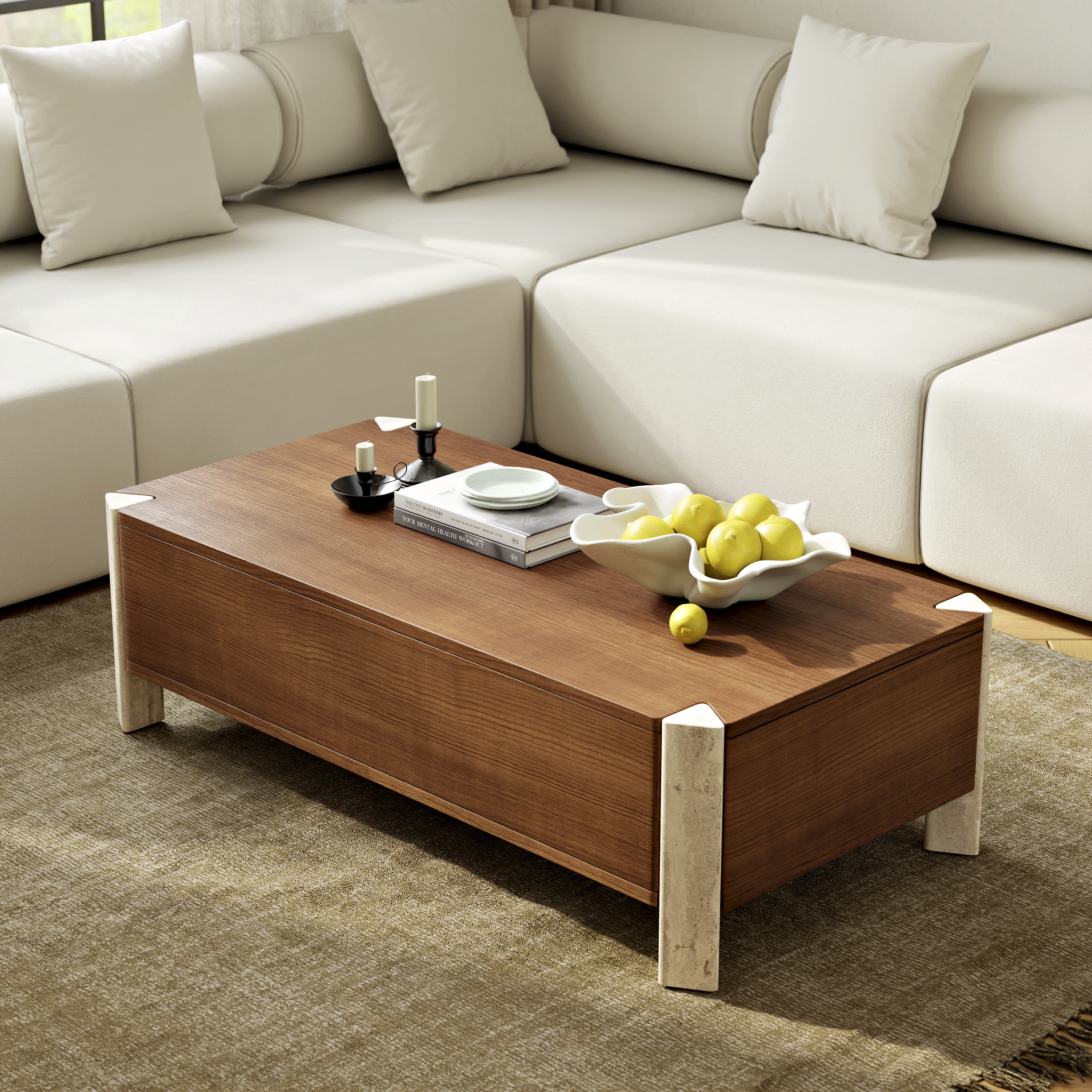 Joren 47" Acacia 2 Drawers Storage Coffee Table with Concrete Legs