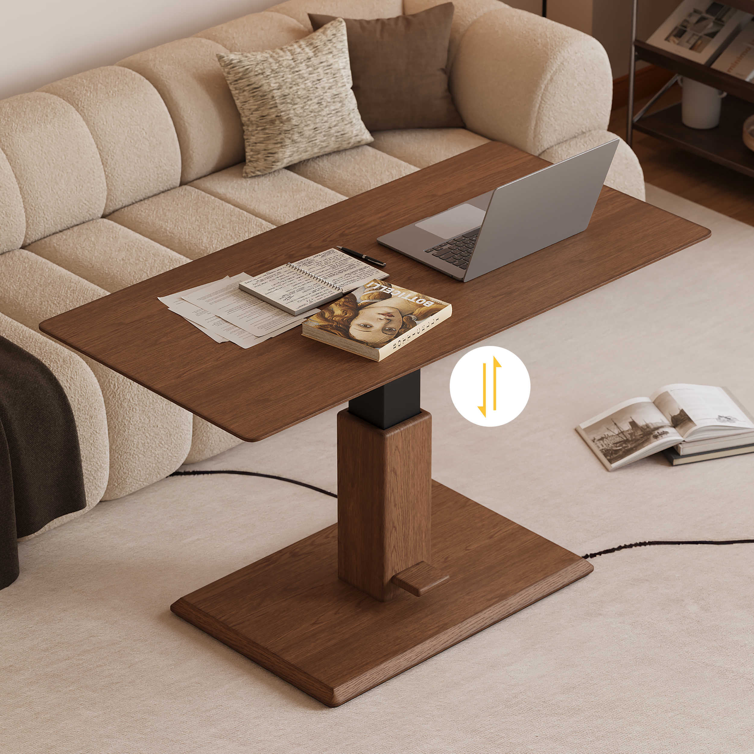 Walnut Lift Top Coffee Table Modern Height-Adjustable Desk for Home and Office