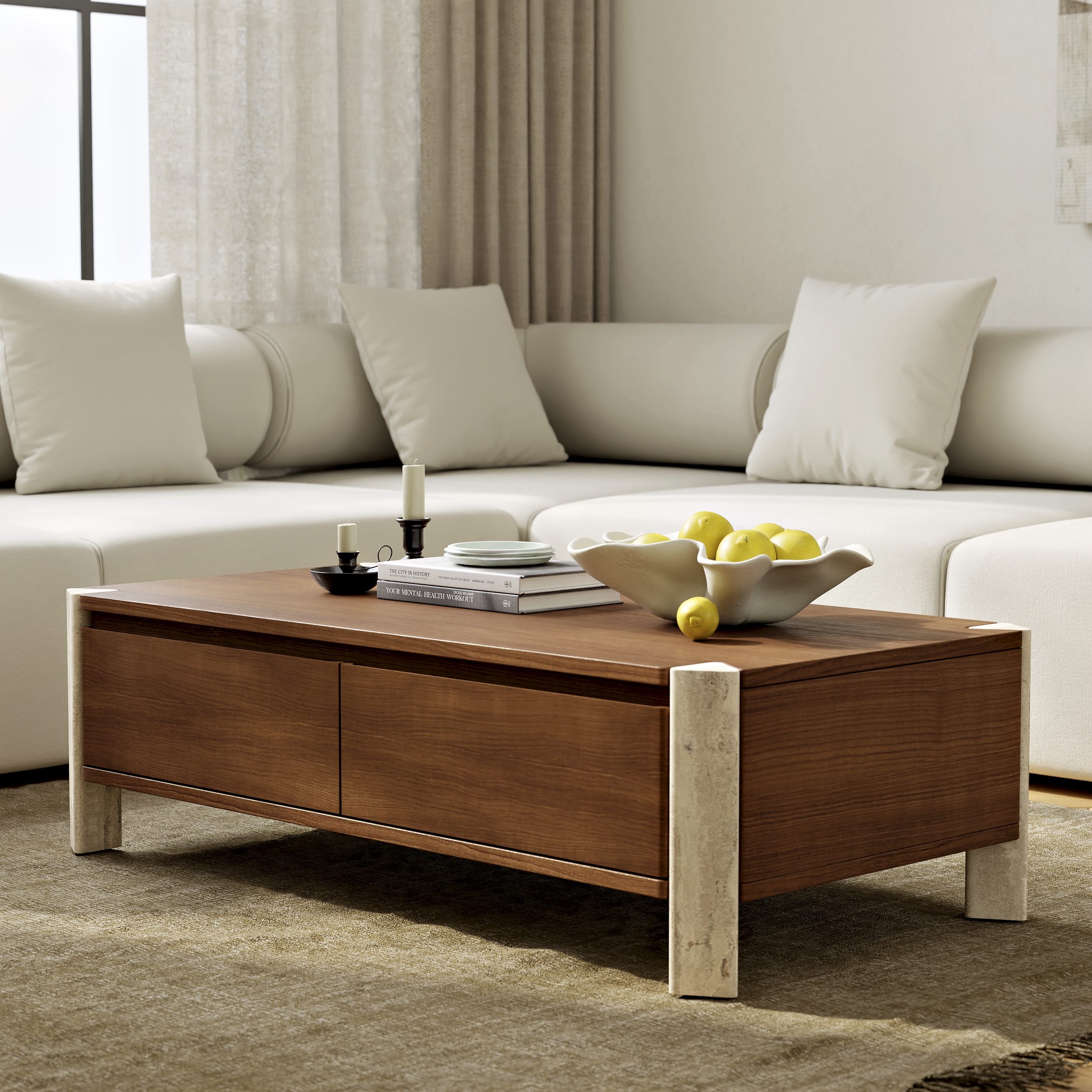Joren 47" Acacia 2 Drawers Storage Coffee Table with Concrete Legs