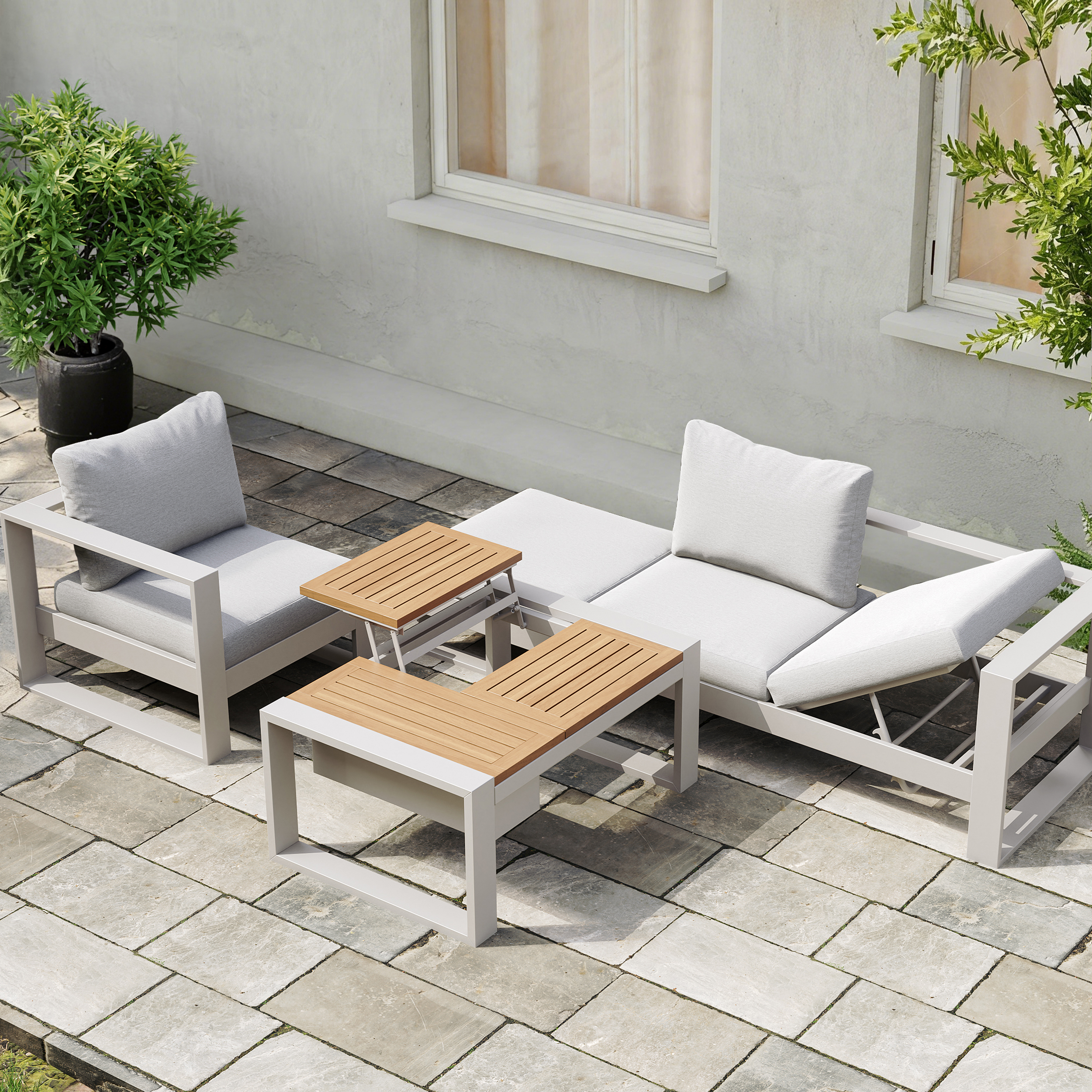 Ensemble salon de jardin canapé modulaire 4 pièces en aluminium et acacia pour 4 personnes, gris clair