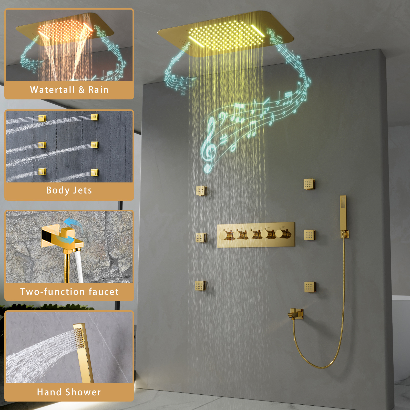 Wall-Mounted Shower System in Gold Thermostatic 4 Functions 23"