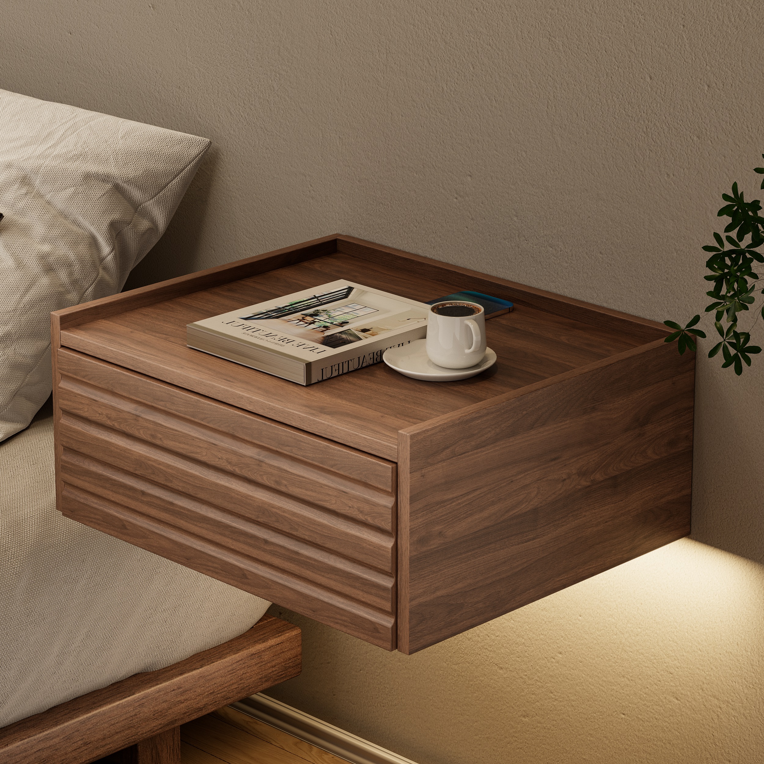 Wooden Floating Nightstand Modern Bedside Table with Charging