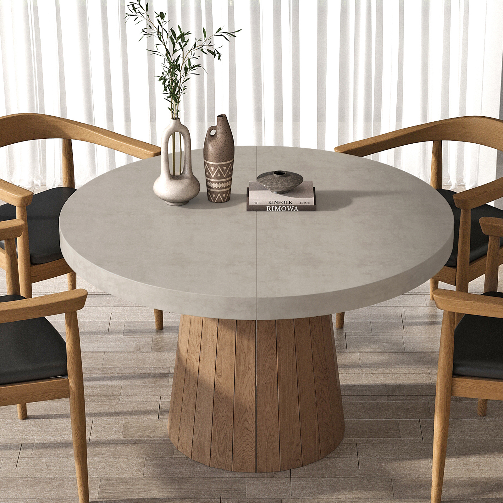 Extendable Dining Table Set 39"-55" Japandi Gray Dining Table & 6 Walnut Wood Dining