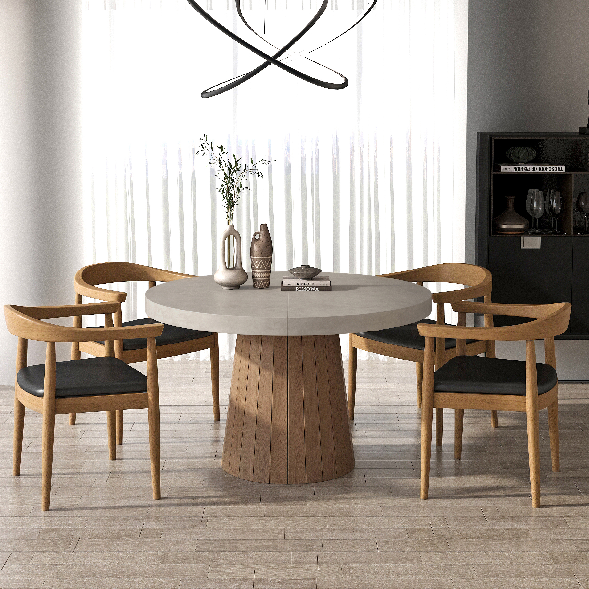 Extendable Dining Table Set 39"-55" Japandi Gray Dining Table & 6 Walnut Wood Dining Chairs