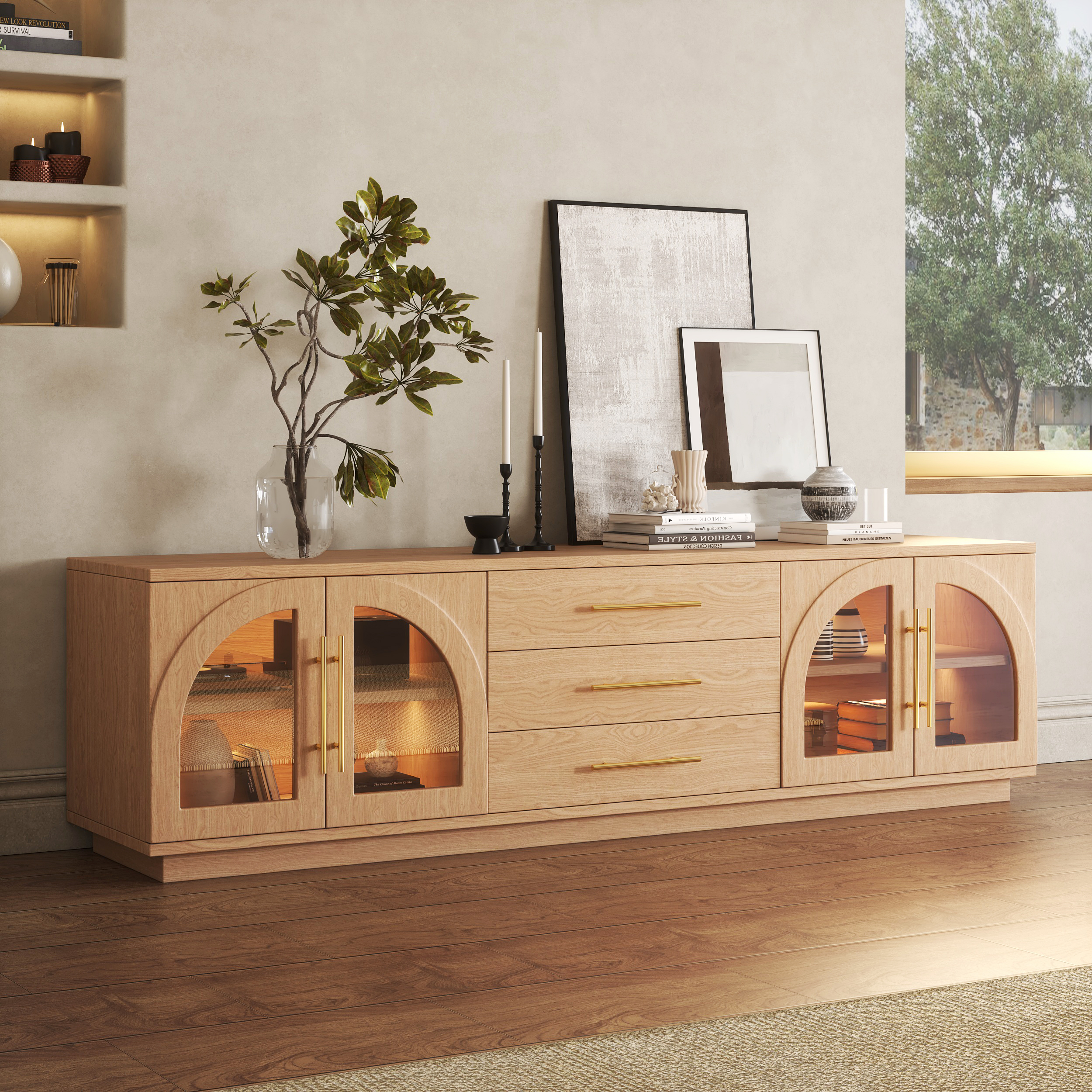 Arune 72" Mid Century Modern Natural TV Stand Coffee Table Set with LED Lights and Arched Glass