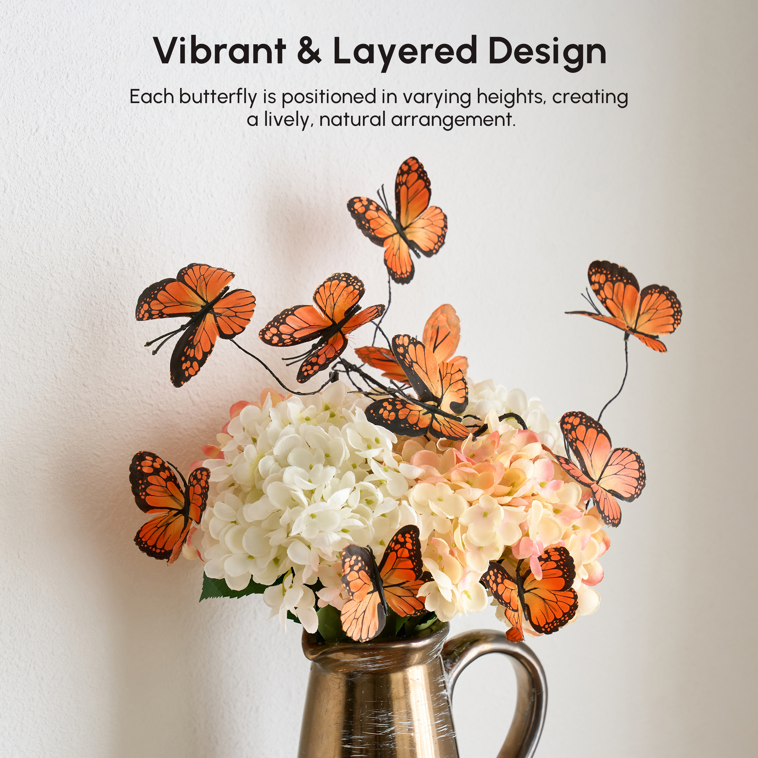 20.5" Artificial Flower Arrangement with Butterflies– Rustic Ceramic Vase with Handle