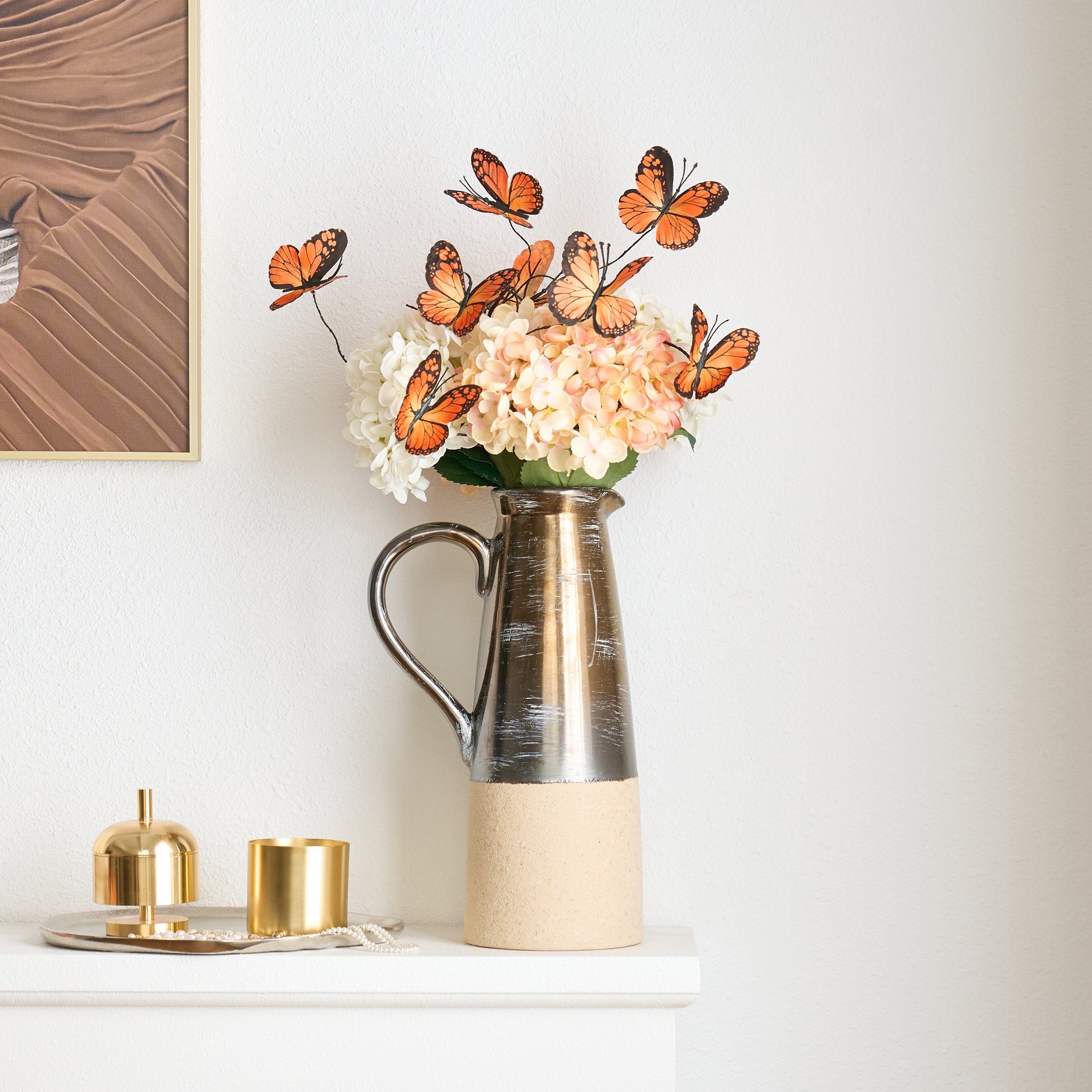 20.5" Artificial Flower Arrangement with Butterflies– Rustic Ceramic Vase with Handle