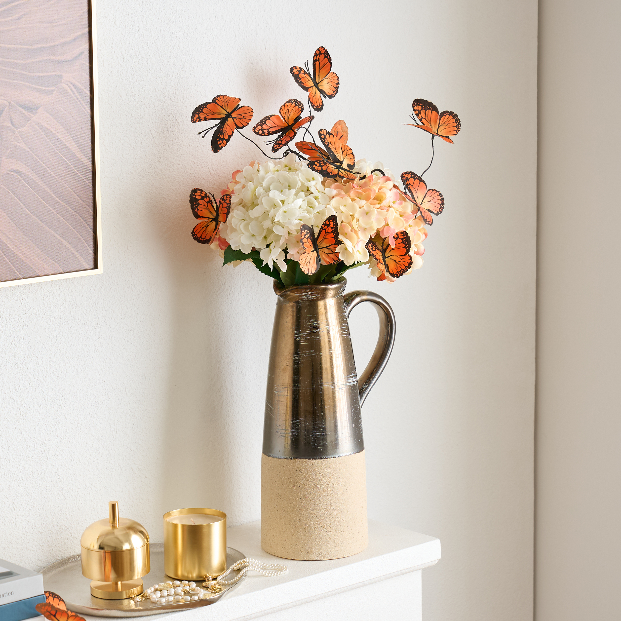 20.5" Artificial Flower Arrangement with Butterflies– Rustic Ceramic Vase with Handle