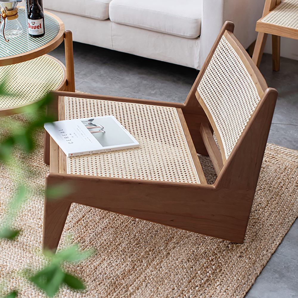 Japandi Walnut Rattan and Wood Lounge Chair Accent Chair for Living Room