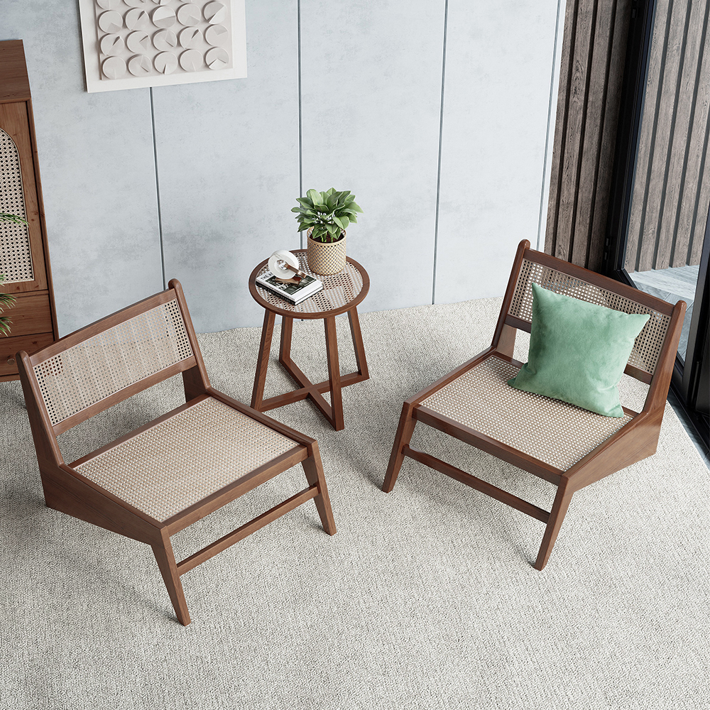 Japandi Walnut Rattan and Wood Lounge Chair Accent Chair for Living Room