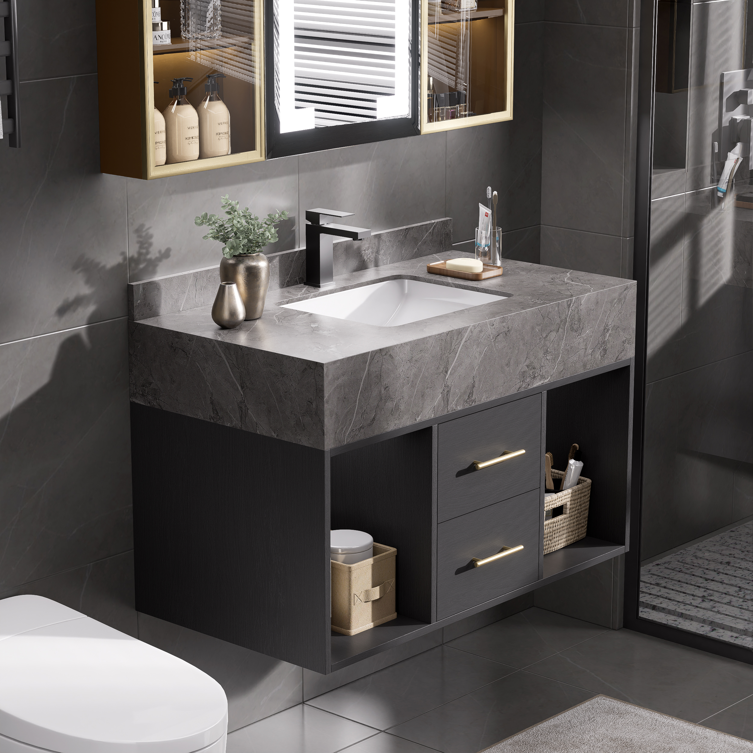 Vanité de salle de bain flottante de 900 mm avec vasque en pierre frittée à 2 tiroirs-image-online-fr-fr-16895