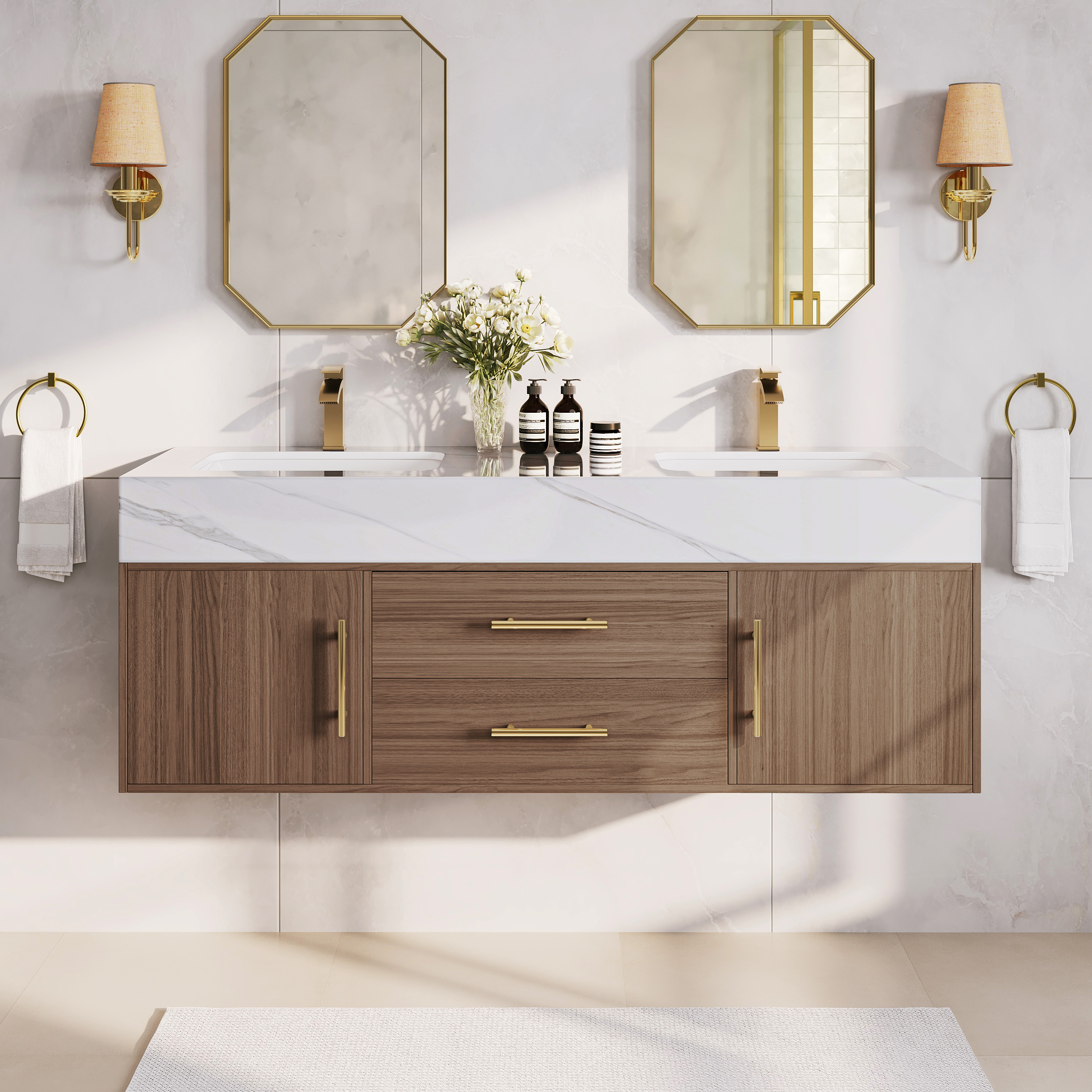 Tocador de baño con doble lavabo de 1500 mm con asas doradas, moderno tocador flotante de nogal