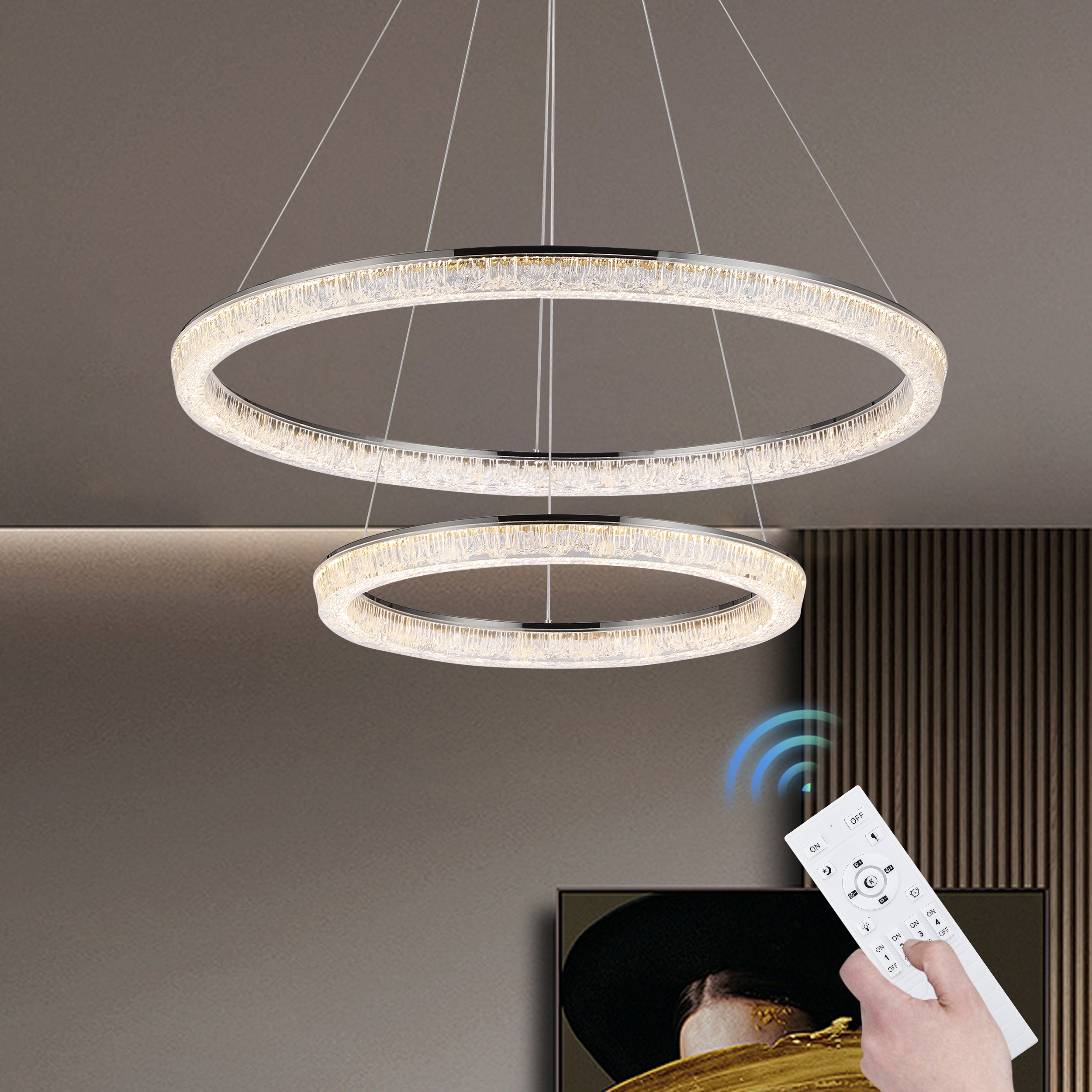 Modern Double Ring LED Chandelier– 31.5", Adjustable Suspension, 3-Color Dimmable