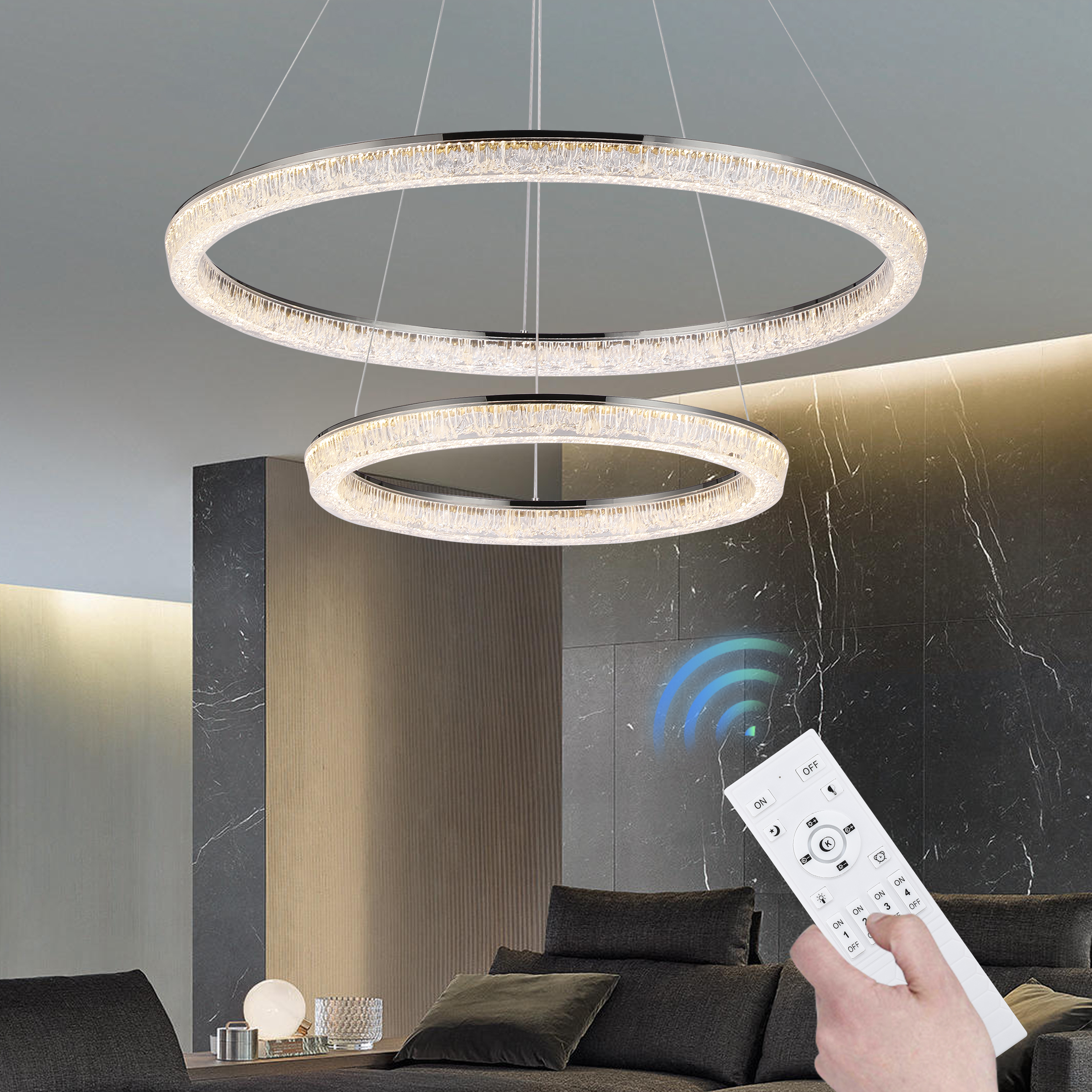 Modern Double Ring LED Chandelier– 31.5", Adjustable Suspension, 3-Color Dimmable