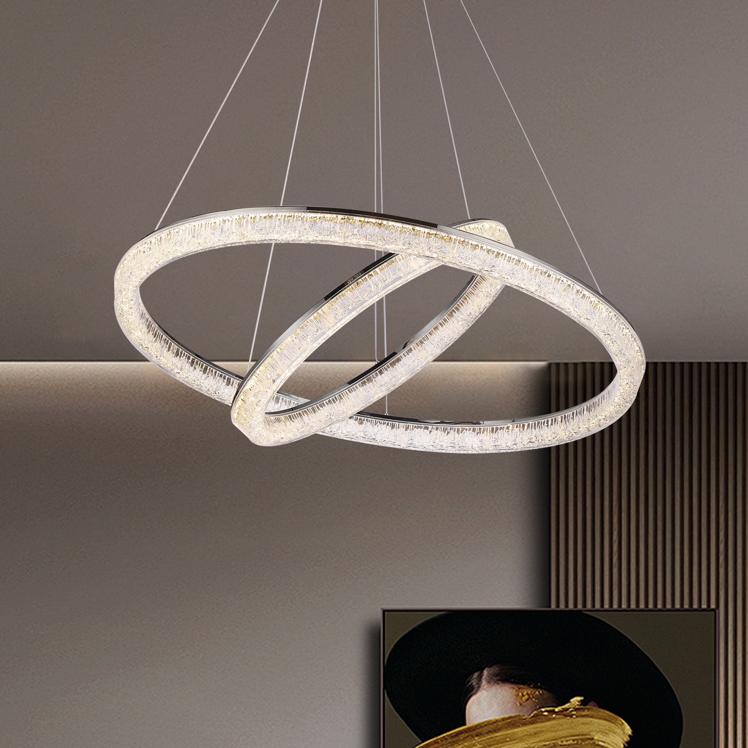 Modern Double Ring LED Chandelier– 31.5", Adjustable Suspension, 3-Color Dimmable