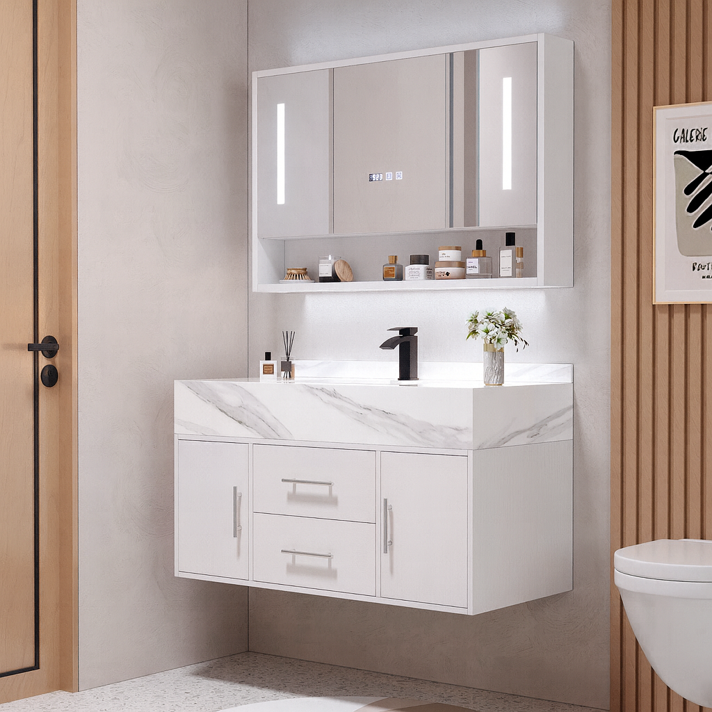 Ensemble de meuble de salle de bain flottant blanc de 100 cm avec armoire de toilette LED