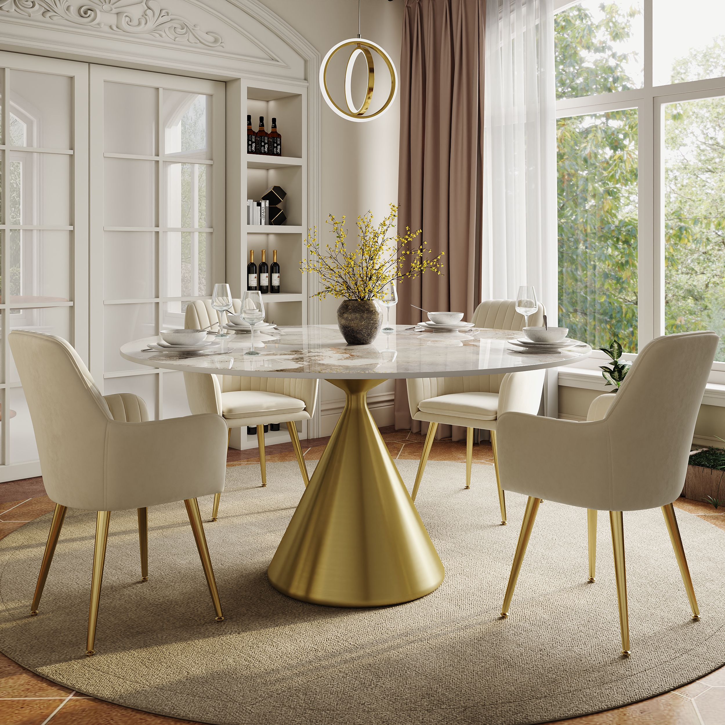 53" Pandora Faux Marble Round Dining Table with Glossy Gold Base for 4-6 People