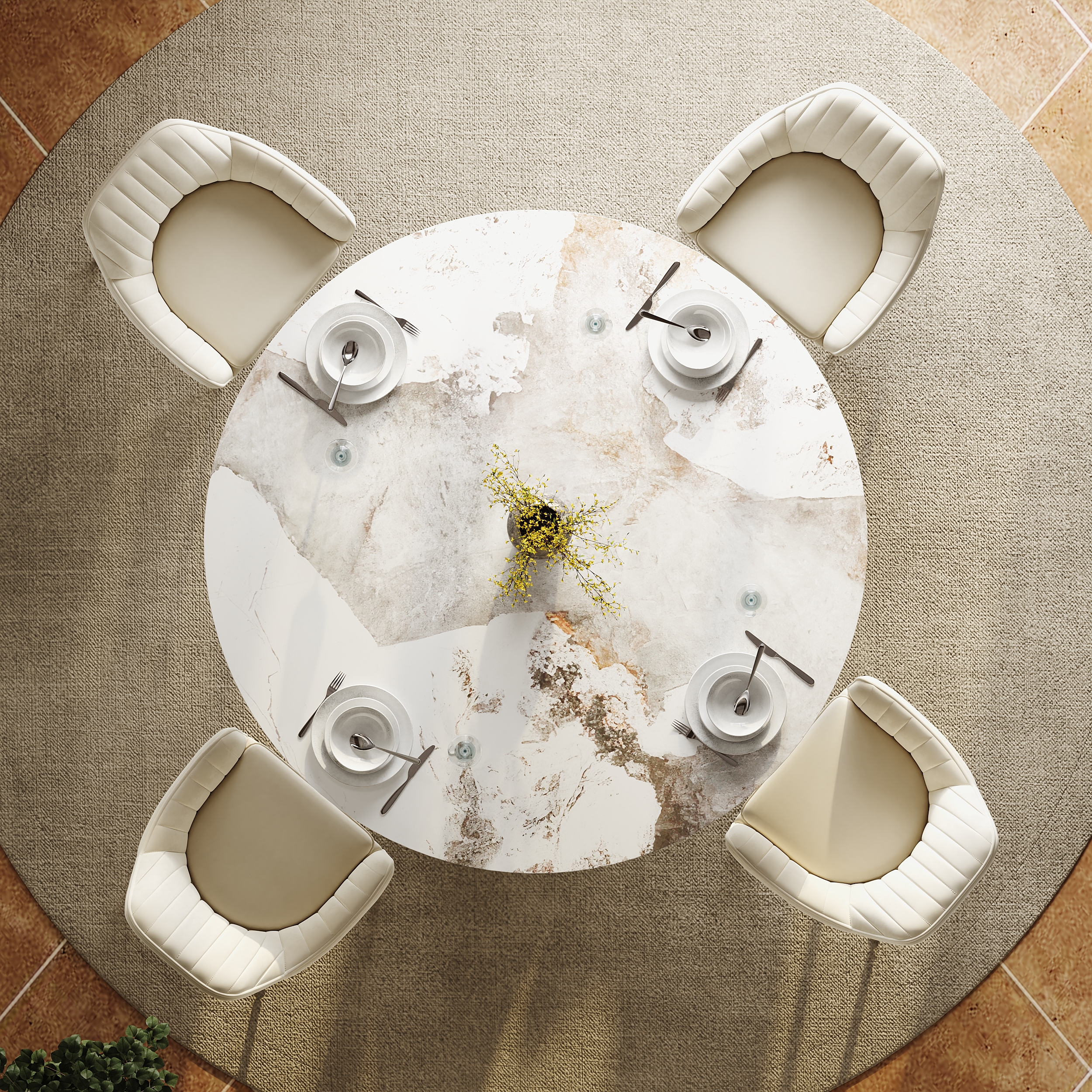 53" Pandora Faux Marble Round Dining Table with Glossy Gold Base for 4-6 People