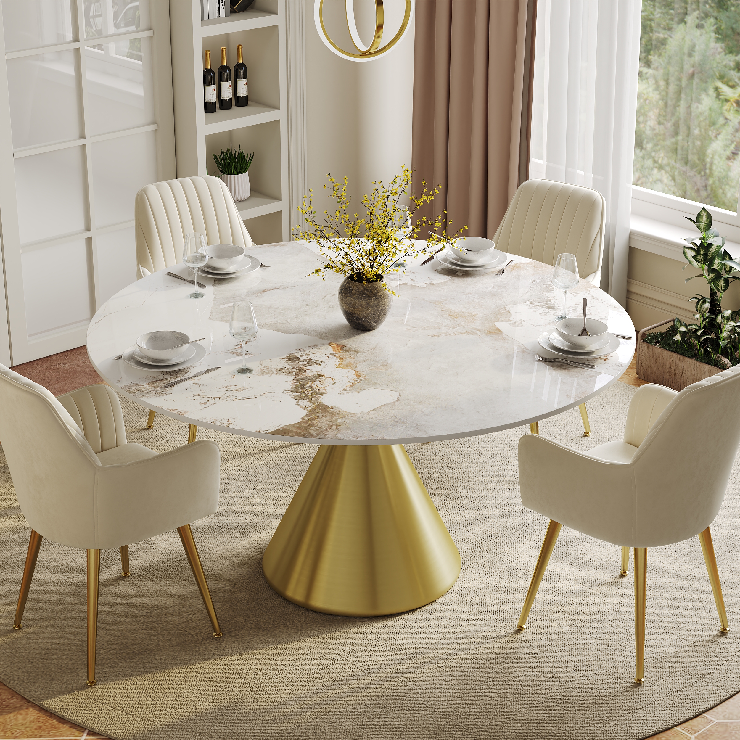 Mesa de comedor redonda moderna de 47" con tablero de piedra sinterizada brillante y base de pedestal de metal dorado, para 4 personas