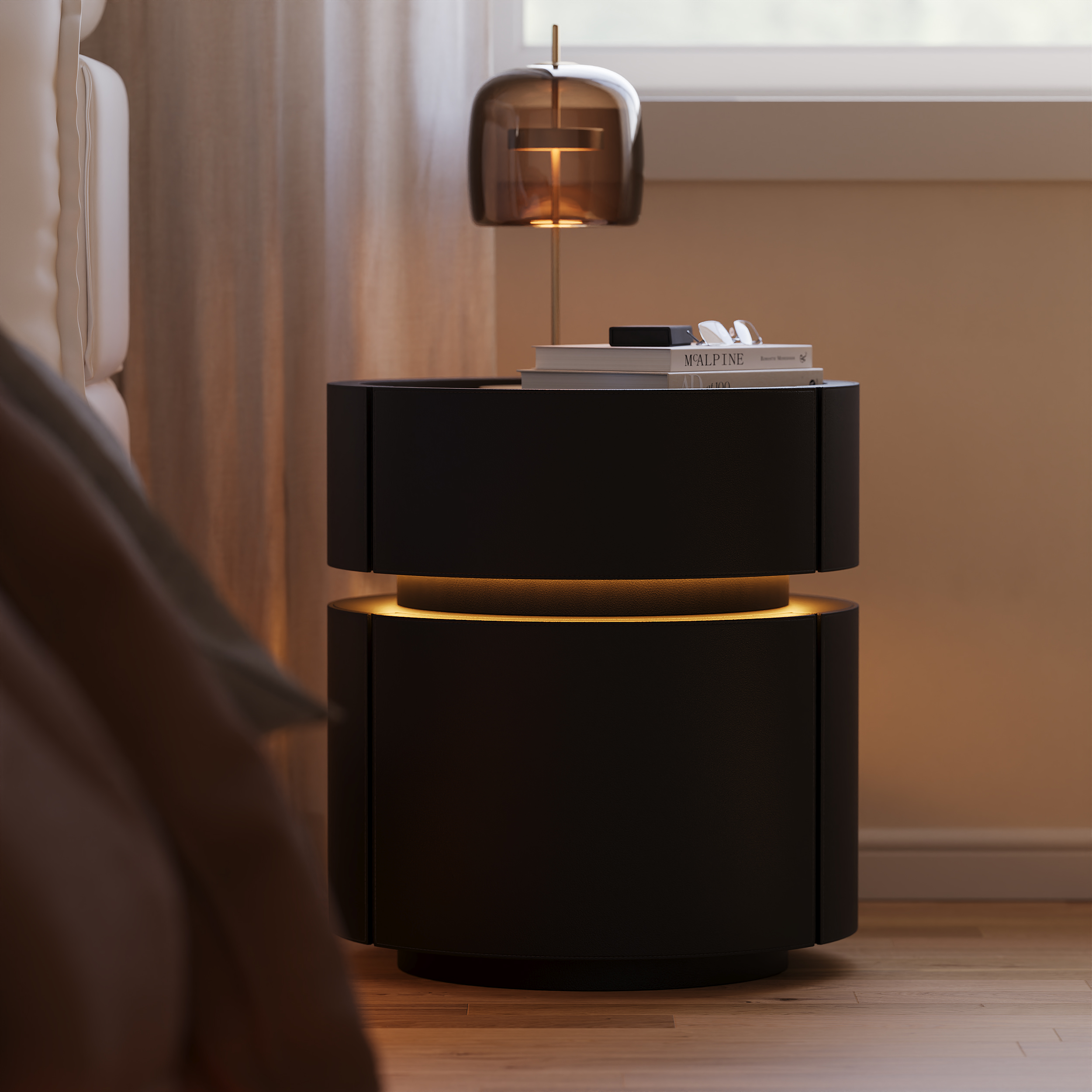 Round Saddle Leather Nightstand with Wireless Charging Bedside Table in Black Set of 2