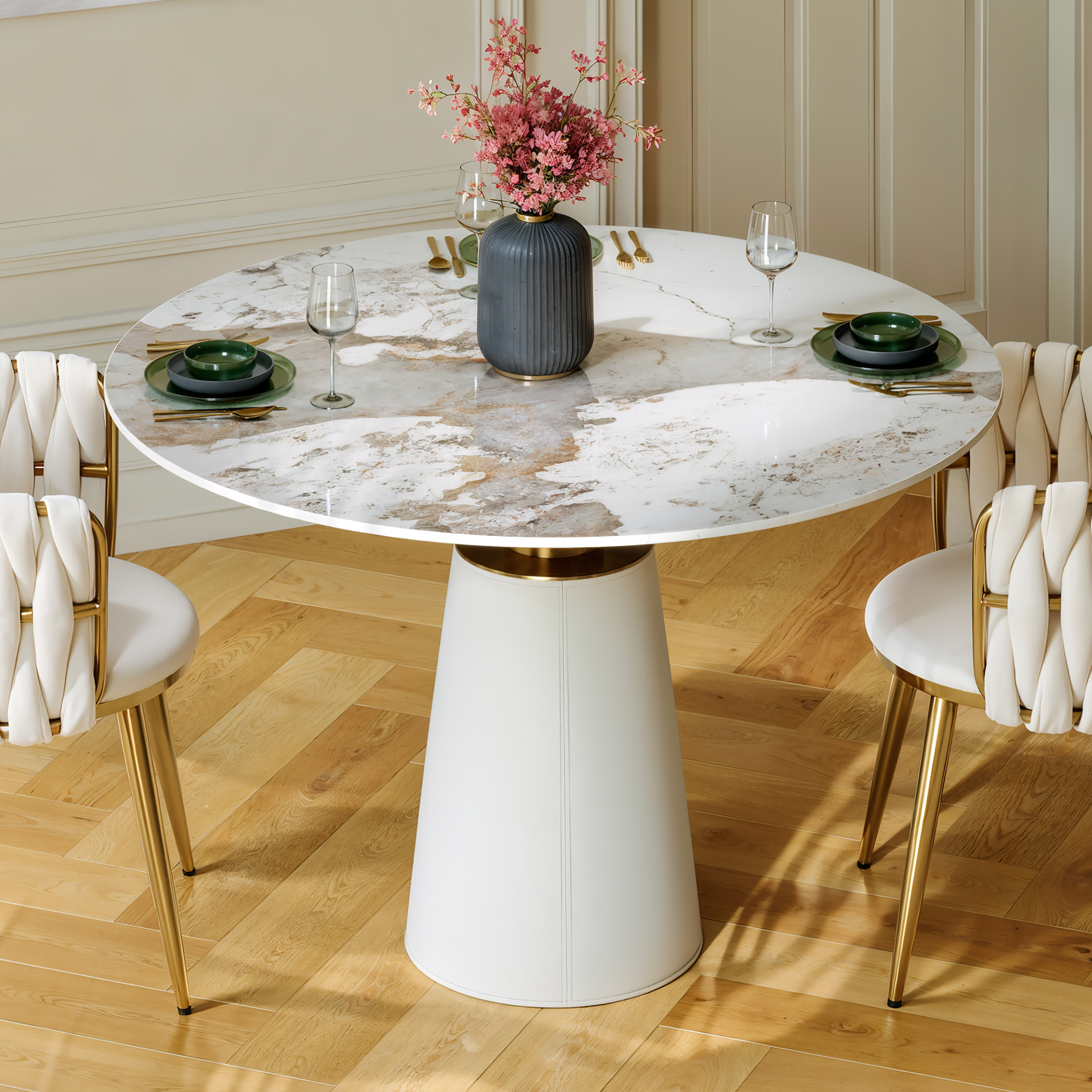 39" Sintered Stone Round Dining Table with Saddle Leather Base Seats 2-4 People