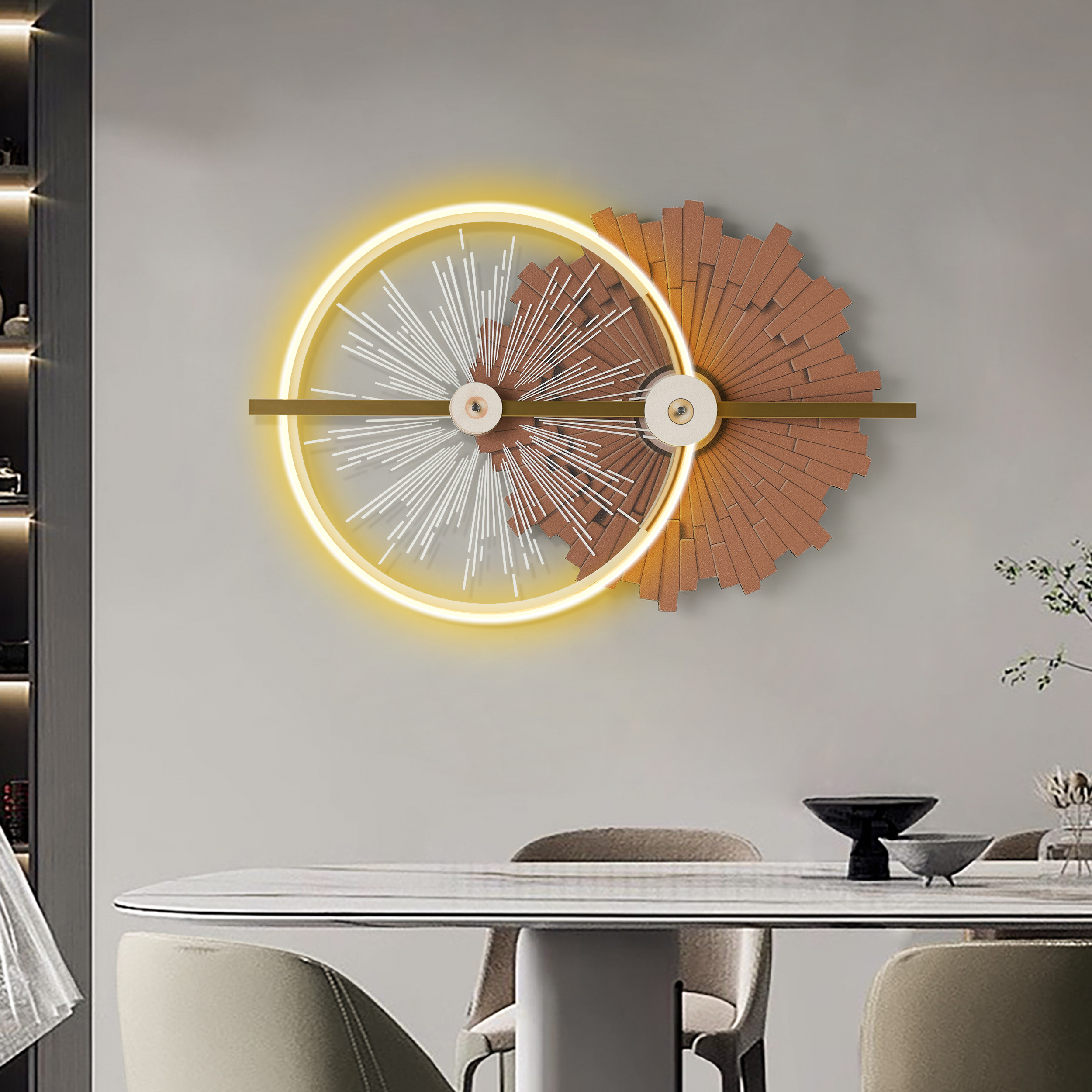 32.7" Modern Brown Wall Decor with LED Light– Warm Glow, Remote Dimmable