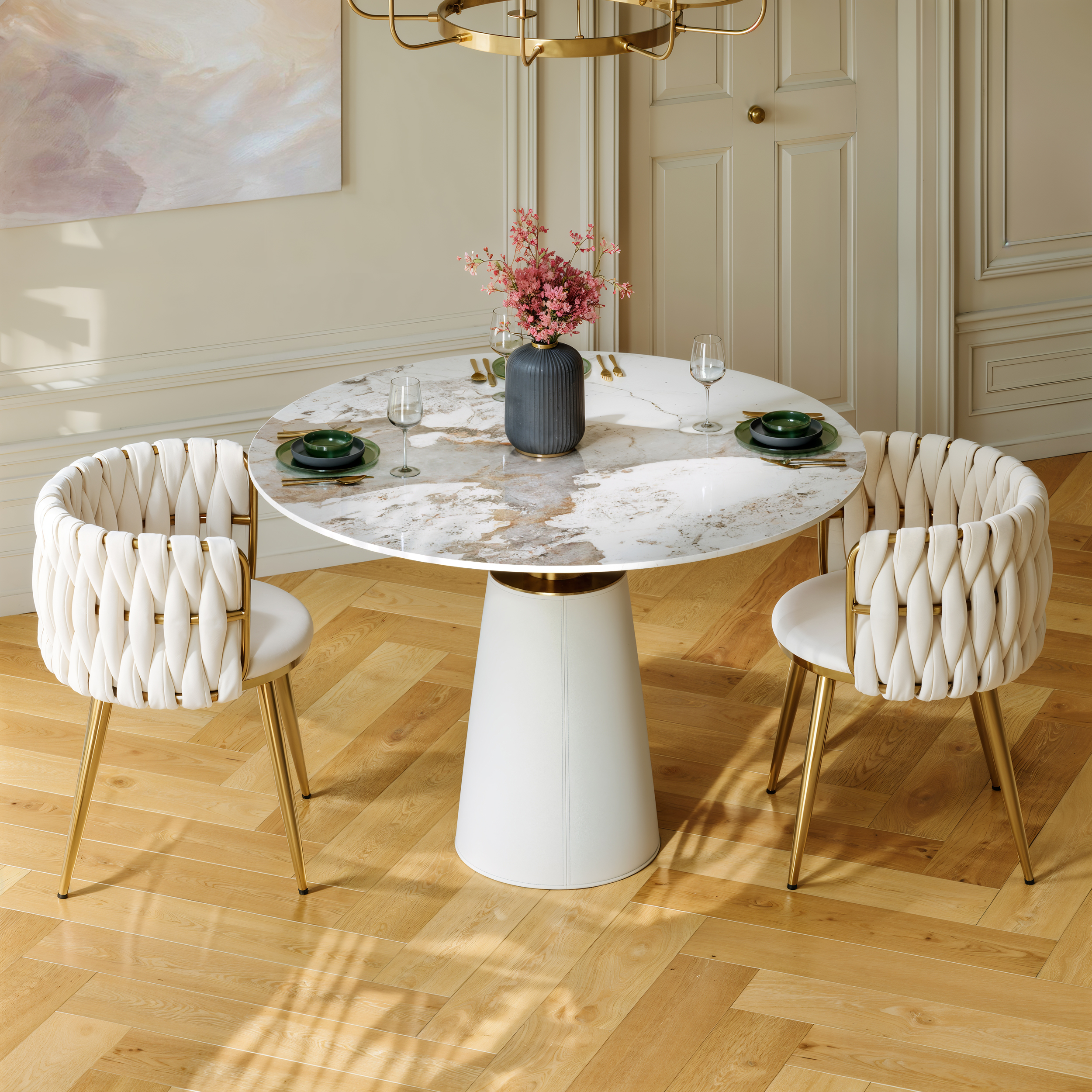 39" Sintered Stone Round Dining Table with Saddle Leather Base Seats 2-4 People