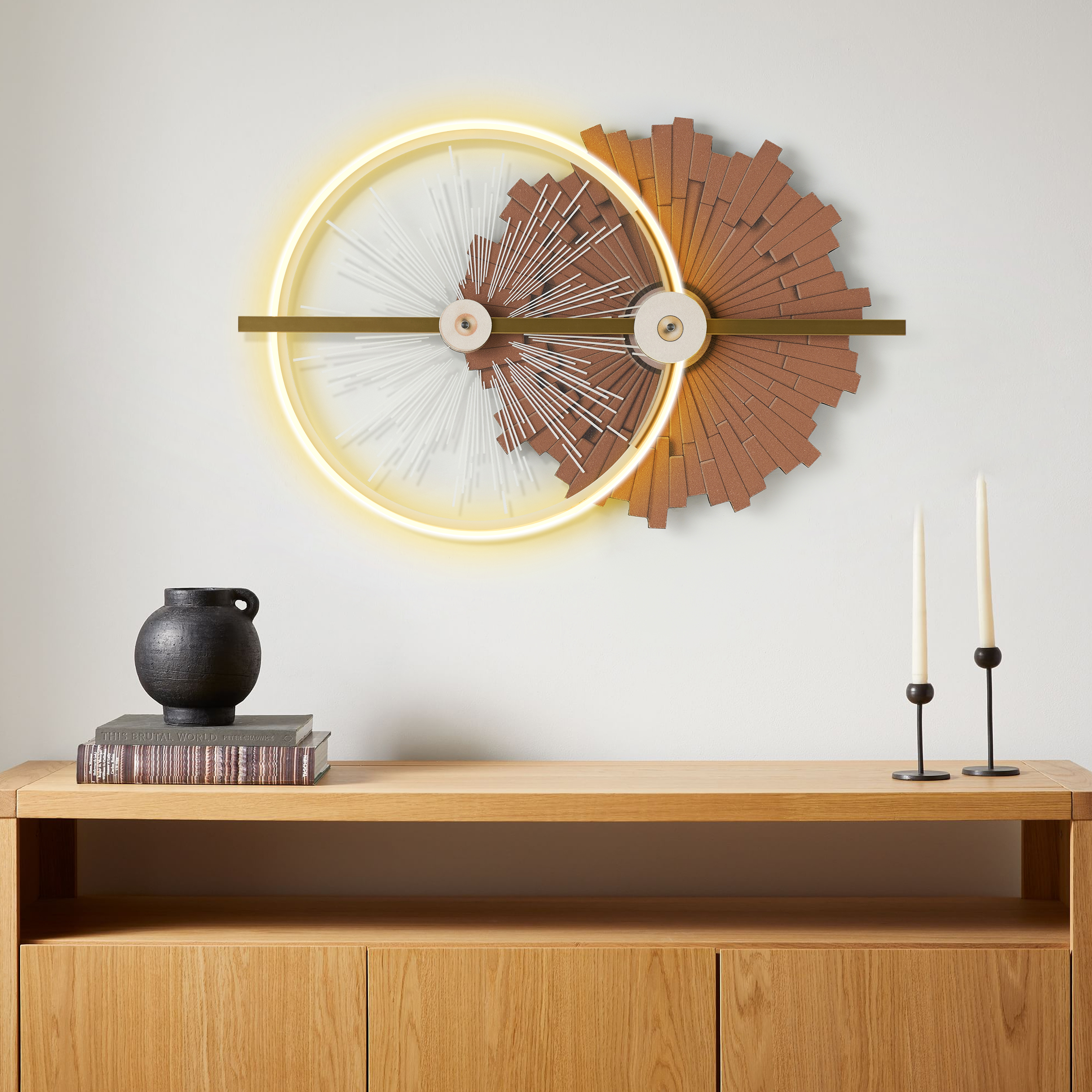 32.7" Modern Brown Wall Decor with LED Light– Warm Glow, Remote Dimmable