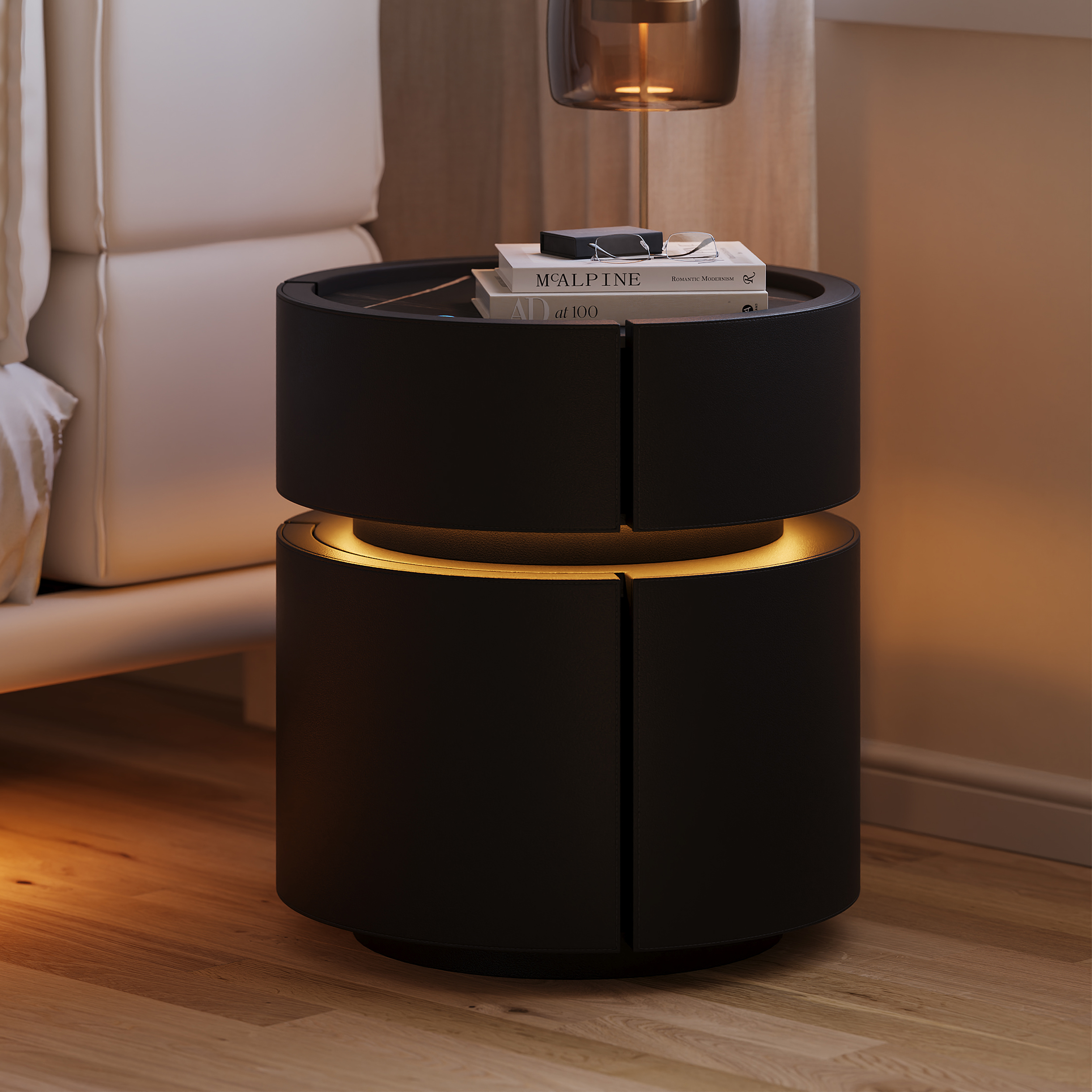 Round Saddle Leather Nightstand with Wireless Charging Bedside Table in Black Set of 2