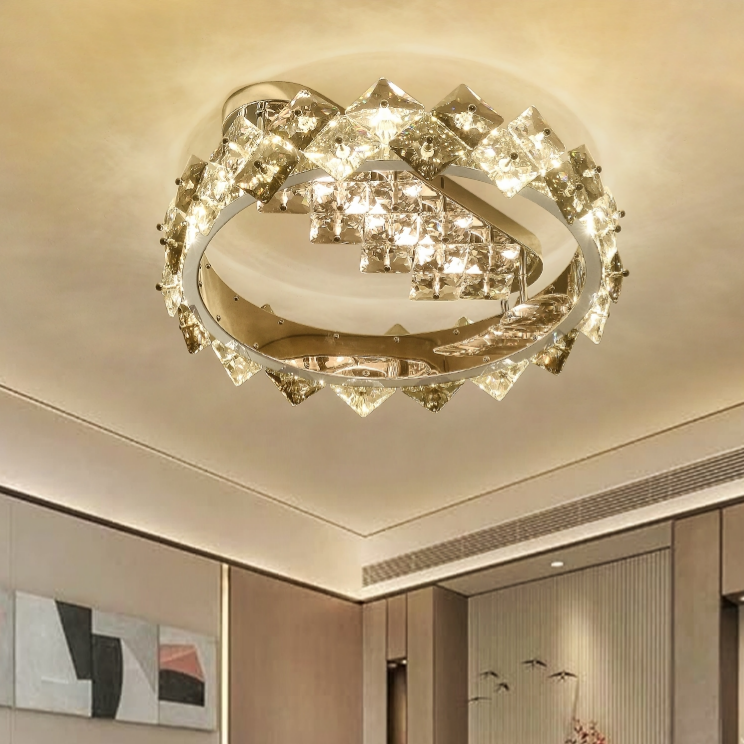 Elegant Round Crystal Ceiling Light with Warm White Glow– Modern Silver Chrome LED Flush Mount