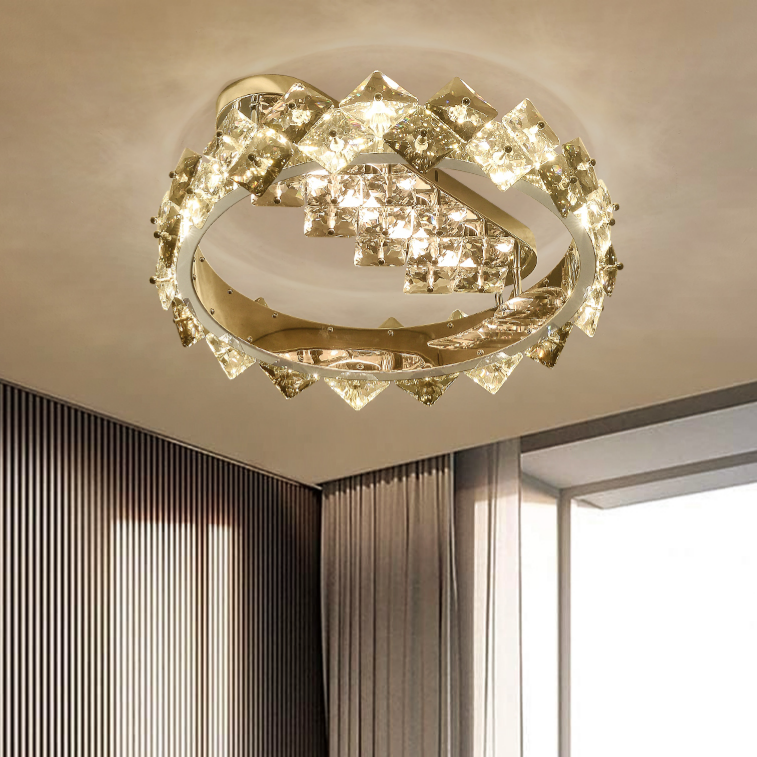Elegant Round Crystal Ceiling Light with Warm White Glow– Modern Silver Chrome LED Flush Mount