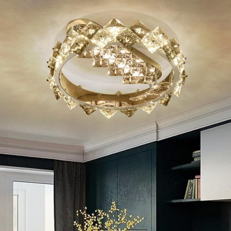 Elegant Round Crystal Ceiling Light with Warm White Glow– Modern Silver Chrome LED Flush Mount