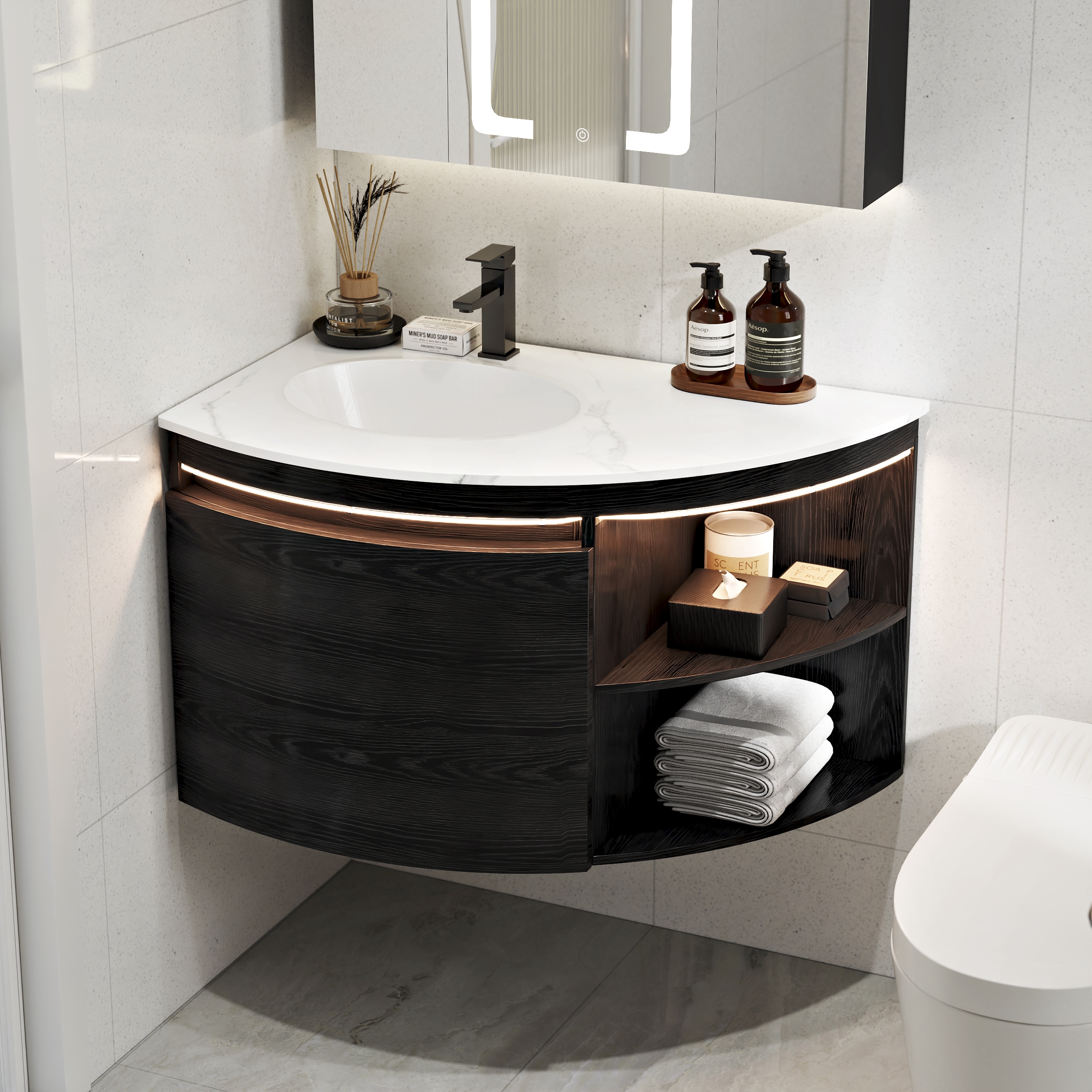 90 cm Corner Bathroom Vanity with Storage & LED Sensor Light