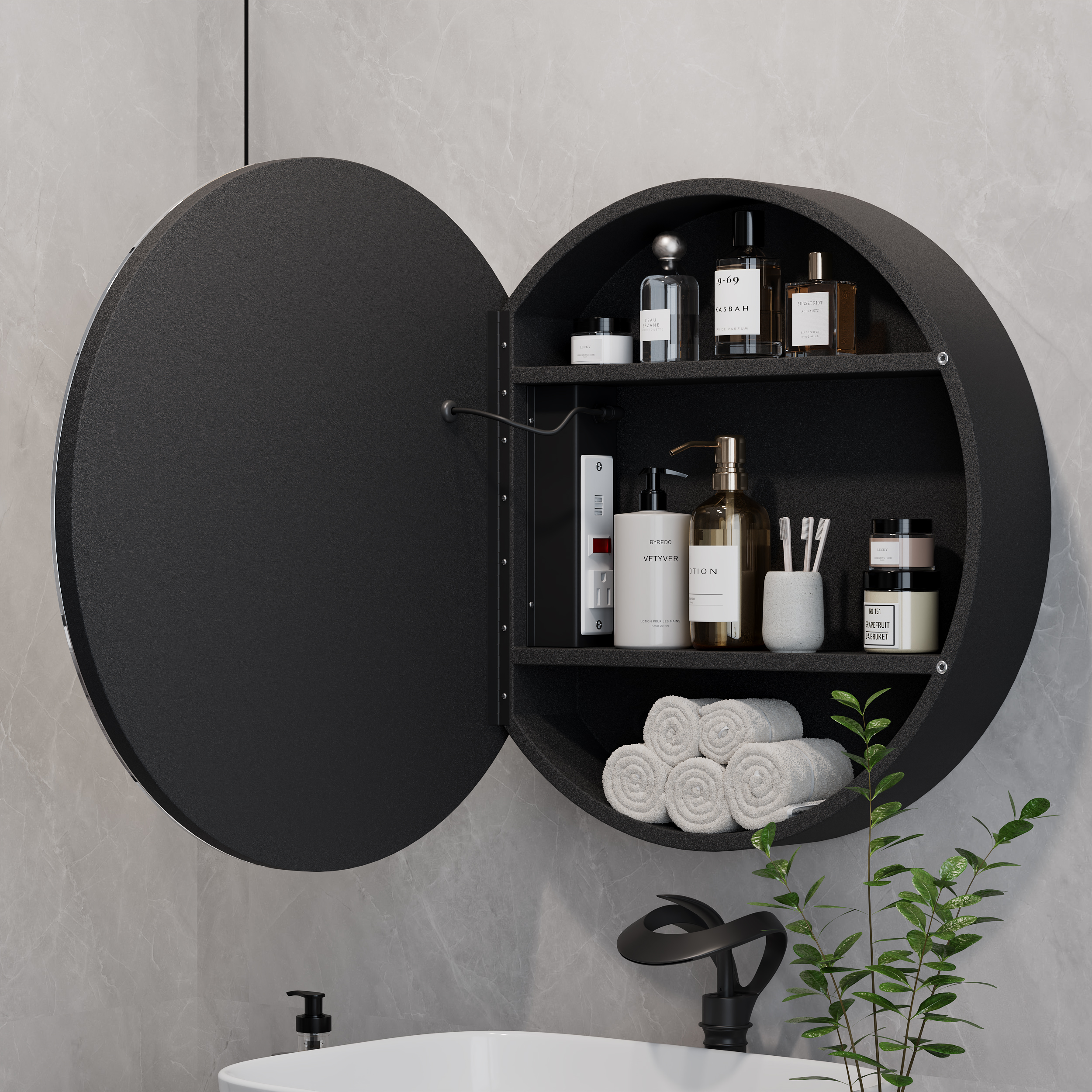 23.6" Round LED Medicine Cabinet with Storage, Anti-Fog, Dimmable— Black