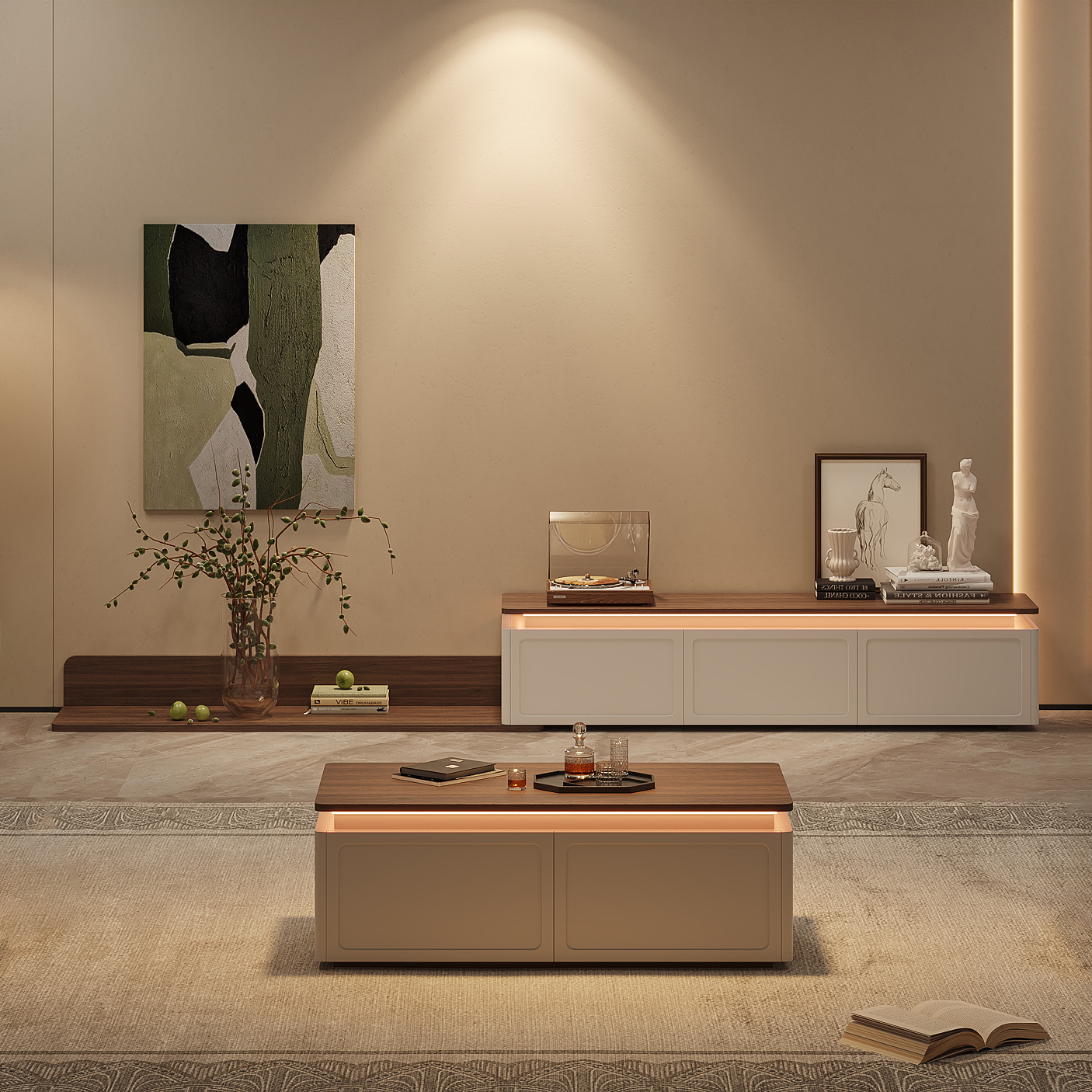 Ambra Modern TV Stand Retracted & Extendable 3-Drawer Light Media Console Walnut & White Coffee Table