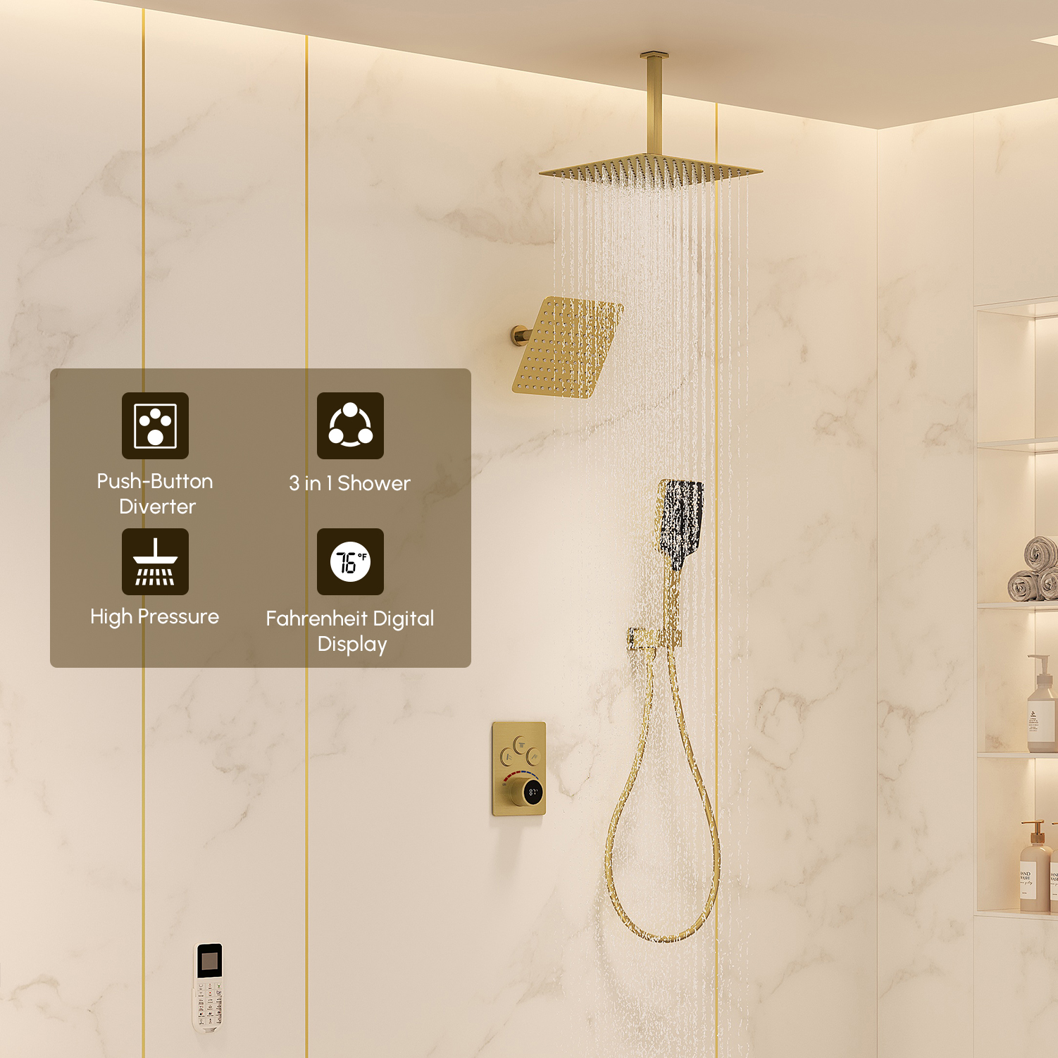 Dual Head Shower System– 12" Ceiling & 8" Wall Shower with Handheld, Solid Brass