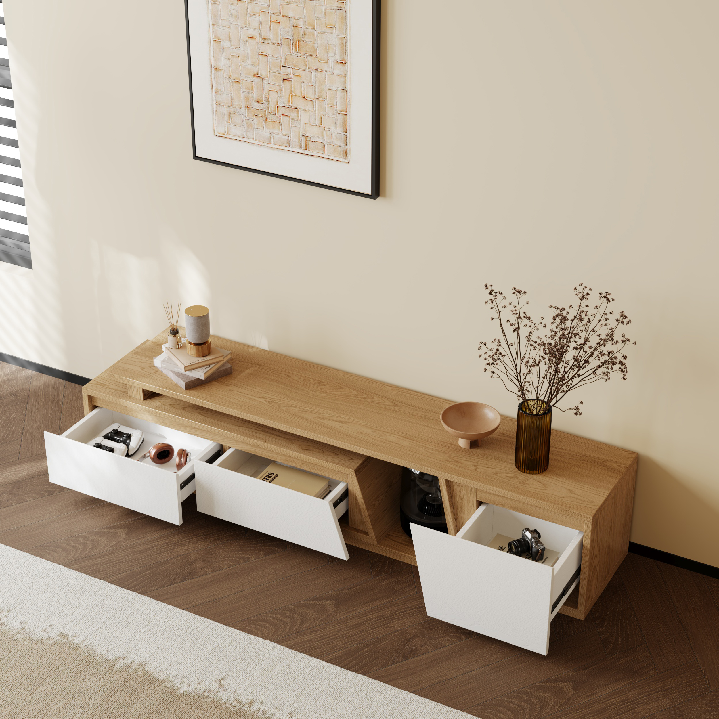 Up to 120" Extendable White & Natural TV Stand Minimalist Floor Media Console with 3